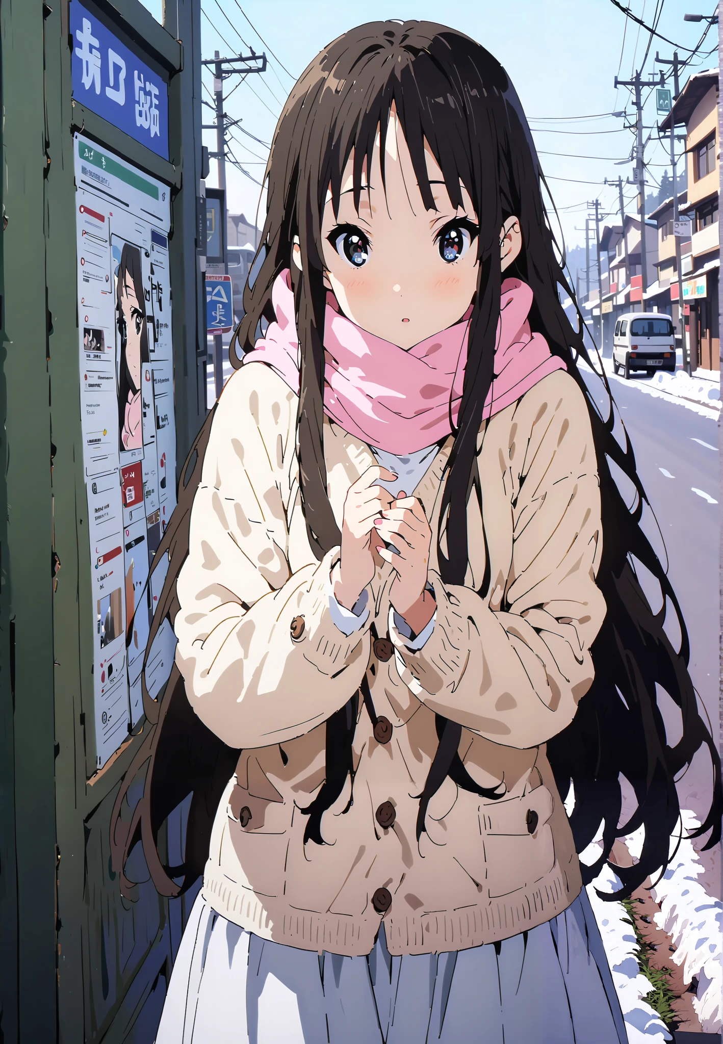 mioakiyama, Alone,Mio Akiyama, long hair, bungs, black hair, dark eyes, Princess Cut,long skirt hair
blushing,white breath,duffle coat,(sweater :1.2),( turtleneck:1.2),Pink scarf, white long skirt,boots,clothed,winter,snow,Beautiful Scenery,full bodyがイラストに入るように,break outdoors,bus stop,
break looking at viewer,full body,
break (masterpiece:1.2),top quality , kampala,Unity 8k Wallpaper,(shape:0.8),( fine, beautiful eyes :1.6),It's a person ,full body写真,CG Details , (perfect hands,complete anatomy),