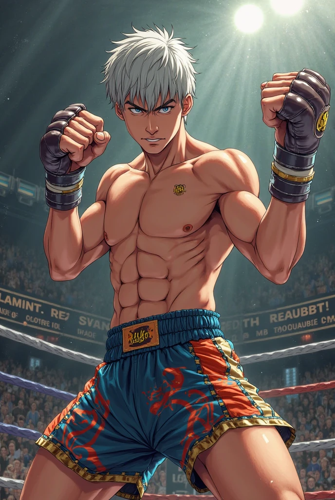 a shirtless exhausted 19-year old handsome caucasian male in faded haircut, mma gloves, fighting shorts, cute, handsome face, six-pack abs, beautiful body, well-defined body, sweating profusely, dripping sweat, drenched with sweat, panting, exhausted, standing in the ring