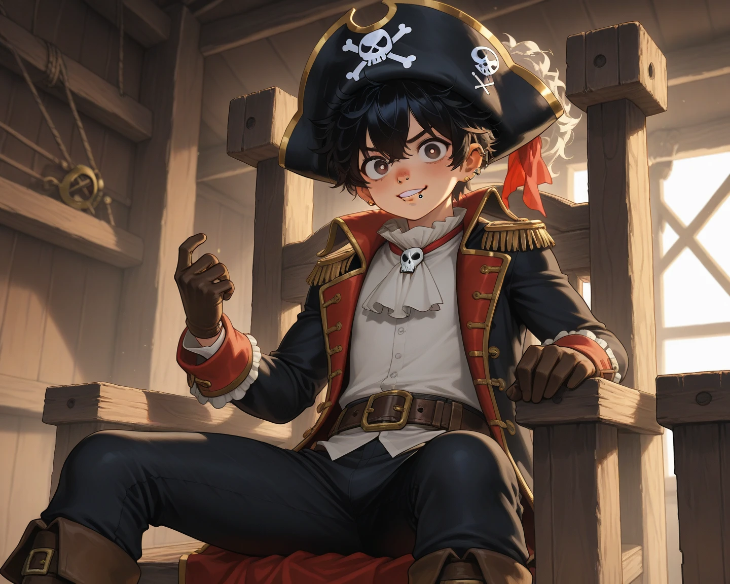Smiling black-haired 12-year-old boy wearing a black pirate outfit who has a red cloth band around his waist and wears a black pirate hat on his flying pirate ship