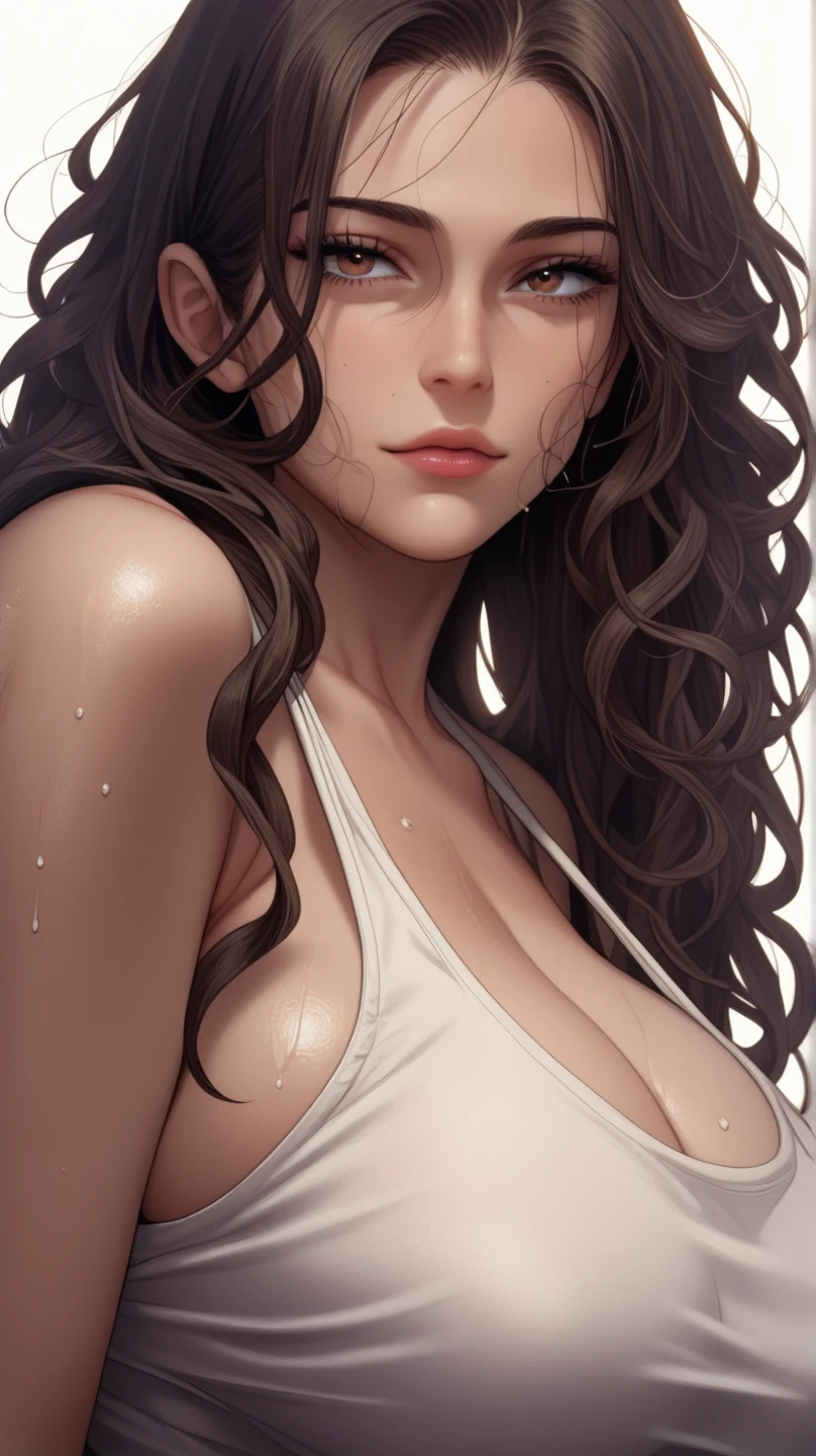 (best quality:1.5, High resolution, Ultra HD, 4K, Detailed lighting, Shaders), (High quality eyes), ( Perfect fingers),  Curly hair, Gradient hair, Large Breasts, Set,, Mature woman , (View), White background, Colored eyeshadow, Dramatic Lighting, Bright Eyes, Emotional expression, Gold earrings, Exquisite facial features, soft skin, High cheekbones, White background, Don&#39;t look for the camera, Lean over,  Behind the camera, whole body