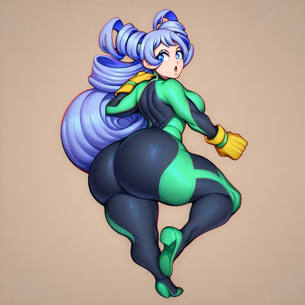((best quality)), ((masterpiece)), (detailed), perfect face, purple top, crop top, purple fitted dolphin shorts, huge breasts, huge ass , green hair, pony tail