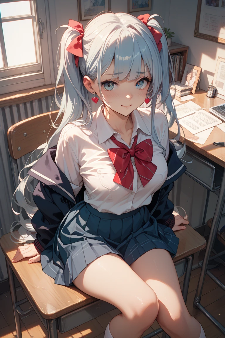 Sexy junior high school student White Hair ,mini skirt (table humping:1.5), (rubbing the crotch), (School_uniform), (Sailor_suit), classroom, ((Incontinence on the floor, Humiliated, A lot of pee))), ((Embarrassing)), Transparent pee dripping from between her legs, table,(Suggestive liquid:1.5),