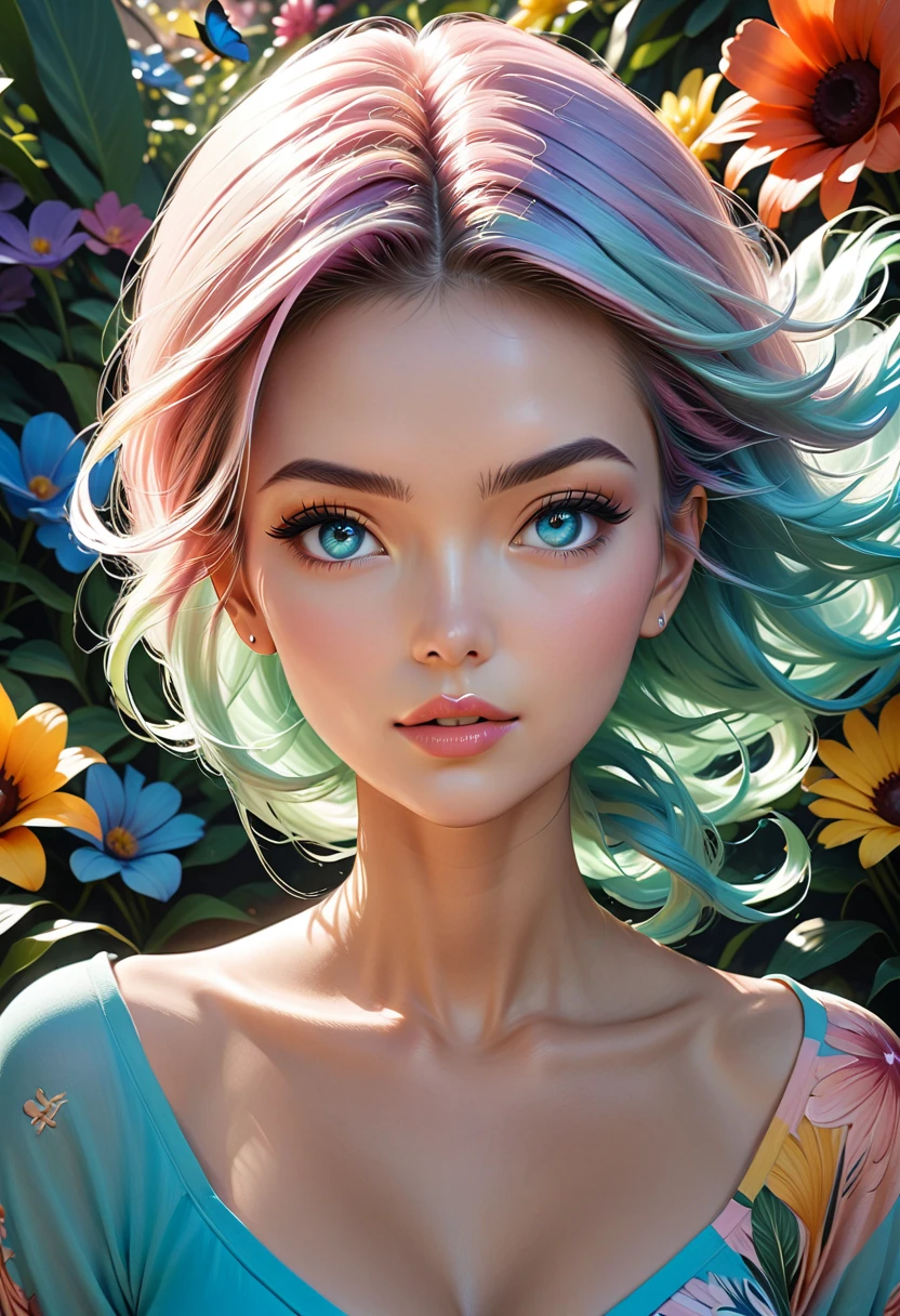 :: background, mixed-language_text, Japanese letters in graffit, Emily Sears beautiful woman, long gradient blonde hair, excellent lighting, sidelighting, perfect ultimate (flat color: 1.3), (magazine_cover: 1.4), (multicolored_background: 1.3), striped_background, card_background:: beautiful, perfect and detailed, ultra detailed, clothes with floral designs, and colors of light pink, black, white and gray, with open mouth,  immersive effects, hover effect, graphite style background with vibrant colors "ultra hdr" detailed and with focus effect,with sneakers all star converse black (masterpiece: 1.2, best quality), (finely detailed beautiful eyes: 1.2),extremely detailed, depth of field,shot with Canon EOS,lens 135mm f1.8,portrait of [x] focus effect((1Girl Sofía Vergara Beautiful Woman )),long hair,  smooth and blonde gradient ,with a natural glow ((Solo)), (Green eyes:1.4), (Finely detailed eyes and detailed face:1.3),), (With ultra detailed jeans and a white t-shirt with ultra detailed floral print throughout:1.3), (Beautiful and clear background:1.2), (Extremely detailed CG, Ultra-detailed, Best Shadow:1.1),((Depth of field and blur)), ((Watercolor)), Large breasts, Bare shoulders,  Flowers and petals, Beautiful conceptual illustration , (white background:0.5), (Illustration :1.1), (extremely fine and beautiful: 1.1), (perfect details: 1.1) graffiti style background, freedom, soul, digital illustration, perfect anatomy, centered,