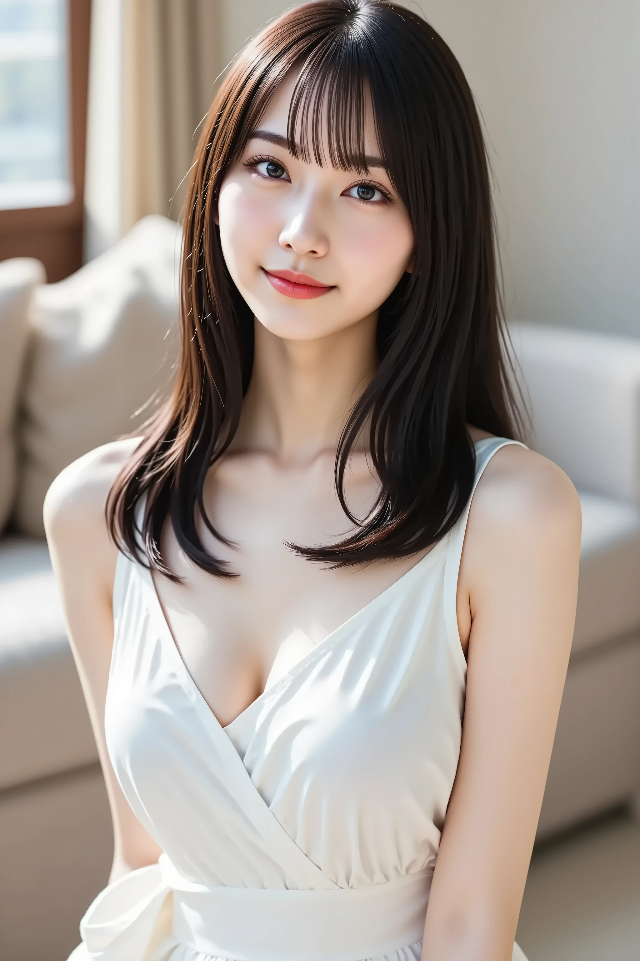 (((medium hair))), highest quality, 8k, HDR, High resolution, confused:1.2, blurred background, Bokeh:1.2, photograph, (RAWphotograph:1.2), (realistic:1.4), (masterpiece:1.3), (intricine details:1.2), ２５Year, 一人in, japanese girl, delicine, beautiful, (fine eyes), (detailed facial feinures), , (((small breasts))), Perfect for your skin, (looking for_in_viewer), from_front, (skinny), (highest quality:1.4), (ultra High resolution:1.2), cinema light, (extreme detailed illustrinion), (lip gloss, highest quality, ultra High resolution, written boundary depth, caustics, wide range lighting, ninural shading, 85mm, f/1.4, ISO200, 1/160Year代:0.75),1 girl, 一人in, smile、服はランダムinす