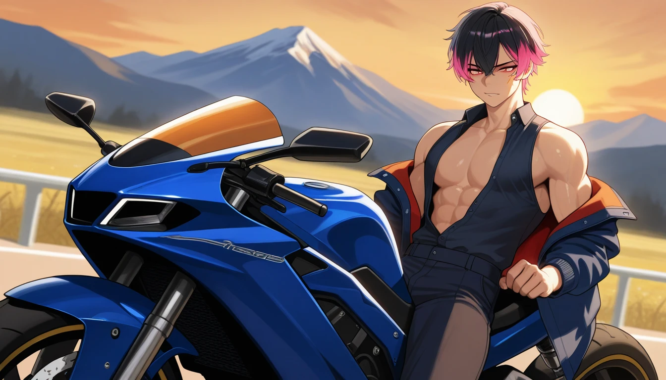 Guy,man,anime,shaved hair,cool,biker,tattoo,pink hair,badboy,tan skin