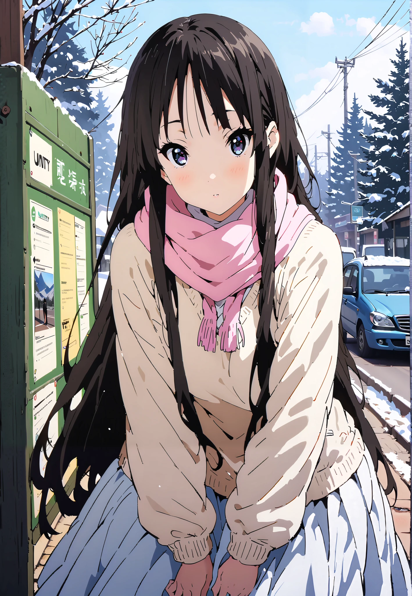 mioakiyama, Alone,Mio Akiyama, long hair, bungs, black hair, dark eyes, Princess Cut,long skirt hair
blushing,white breath,duffle coat,(sweater :1.2),( turtleneck:1.2),Pink scarf, white long skirt,boots,clothed,winter,snow,Beautiful Scenery,full bodyがイラストに入るように,break outdoors,bus stop,
break looking at viewer,full body,
break (masterpiece:1.2),top quality , kampala,Unity 8k Wallpaper,(shape:0.8),( fine, beautiful eyes :1.6),It's a person ,full body写真,CG Details , (perfect hands,complete anatomy),