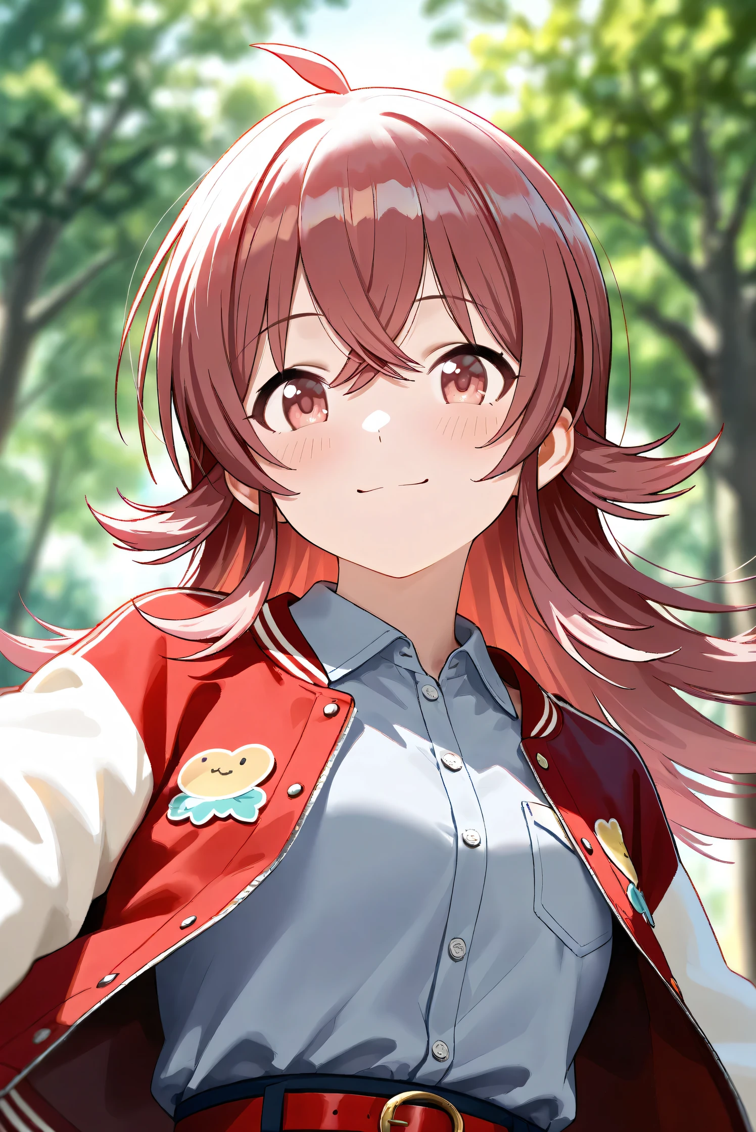 (Masterpiece), (Highest quality), (Very detailed),
(The best shape), (Best Shadow), (Absurd),
(Detailed background), (So beautiful), Shiny ,
Beautiful eyes in every detail, Extraordinary, Countershading, 8k, 32K, High resolution,
Very Detailed CG,
Score_9, Score_8_up, Score_7_up, Source_anime,
(Pastel painting:1.2), (Watercolor painting:1.2),
(Masterpiece, Detailed:1.2), (Foreshortening:1.2),
Cinematic, Dramatic, (Depth of field:1.4),
(Blurry background:1.4), (Realistic background:1.4),
(Foreshortening:1.3),Dynamic angle, From below,
1 girl,
Outdoor, Nature, Park, Wind,
Komiya Kaho, komiya kaho,
the idolmaster shiny colors,
long hair, red hair, red eyes, hair between eyes, ahoge, (medium breasts:0.7),
(Casual wear:1.3),
(Collared shirt:1.1), (Gray shirt:1.3), (Plain shirt:1.1),
Souvenir Jacket, Open jacket, Red jacket, Long sleeves, White sleeves, Plain jacket,
Hot pants, Turquoise hot pants,
belt, red belt,
Portrait, Focus on face, Close up shot,
(Blush:1.3), Smile, Happy,
Realistic skin, Shiny skin,