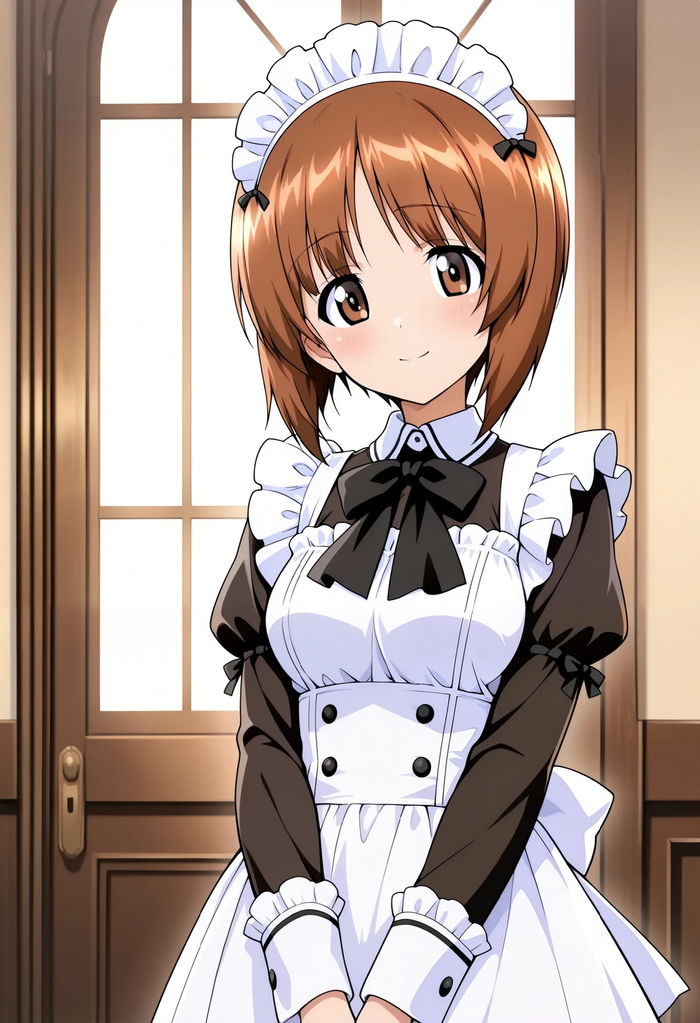 Best Quality, Good Quality, very beautiful,high resolution , high quality DVD、 one girl , alone、woman, Nishizumi Miho , beautiful brown eyes, Attractive brown eyes、 beautiful brown hair , bob cut、Victorian Maid Outfits、Tea time