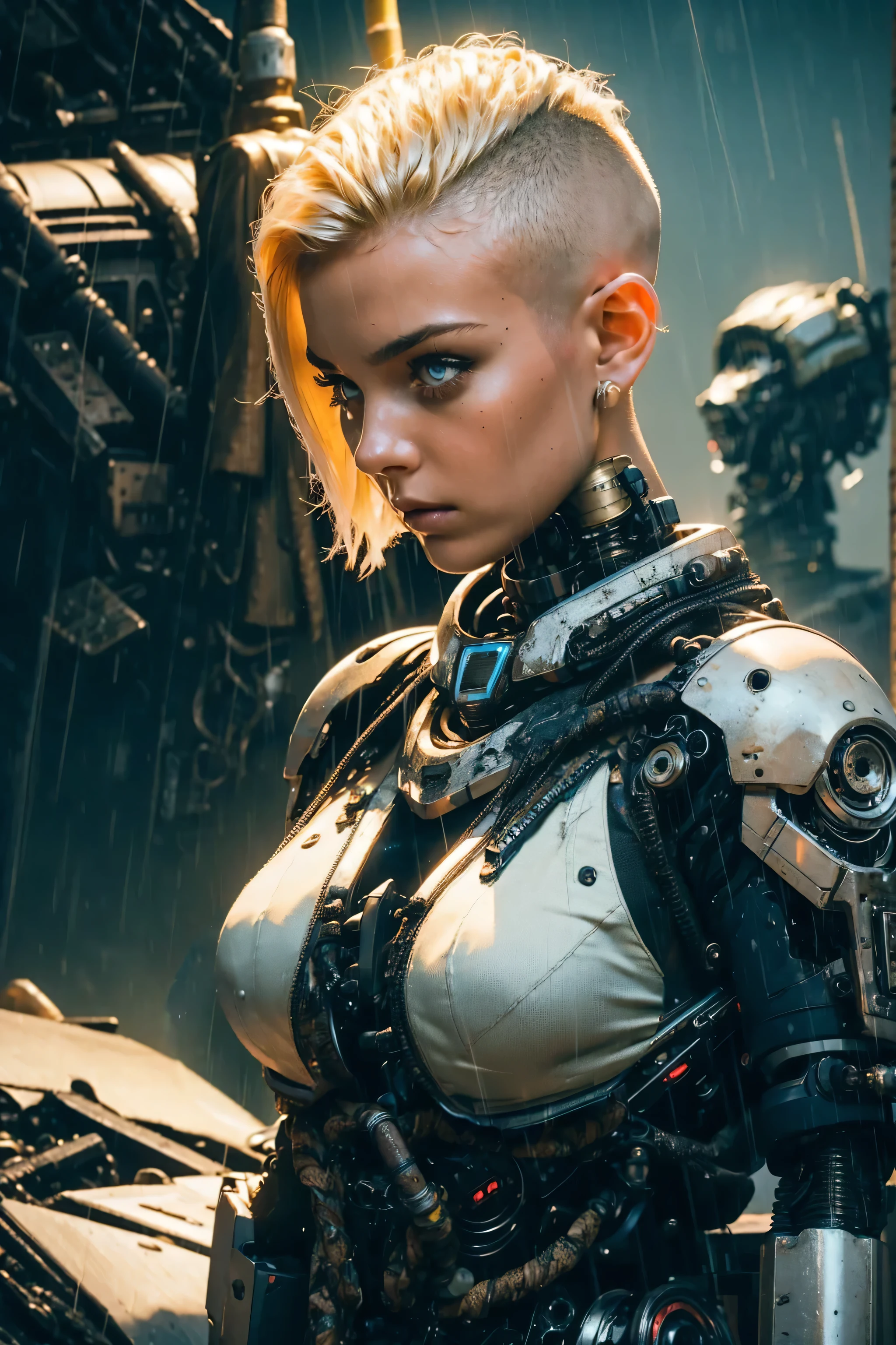 (masterpiece, photorealistic, award winning, best detail), 1girl, young, (shaved hair), blonde, expressionless, she is a damaged cyborg discarded in a giant pile of thrashed robots. facing to the side, looking ahead, black jumpsuit, futuristic decaying landscape, night, (rain:1.2), pollution, urban cyberpunk, intricate details, diffuse lighting, (depth of field:1.4), (cool color tones), (HDR:1.3)