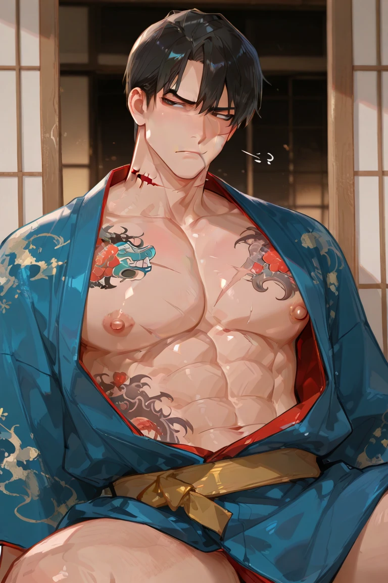 Asian vampire boy with red eyes and black hair, body with tattoos