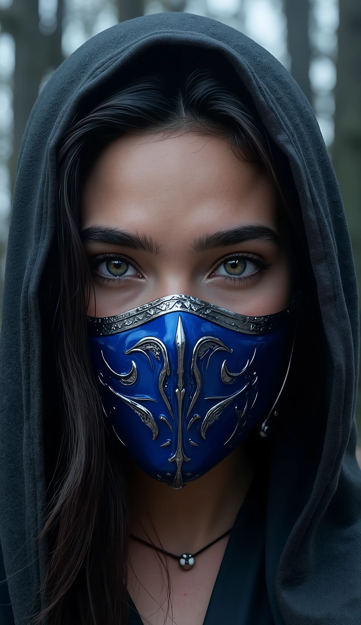 A hyper-realistic image of Gal Gadot's face as Kitana from Mortal Kombat. Her blue mask is detailed, with bright silver accents and realistic reflections. your beautiful loose and long hair The skin texture is impeccable, showing pores and fine details. The background is a hyper-realistic and detailed setting of a dark and mysterious forest, with ancient trees and a dark and dramatic atmosphere. The lighting is dramatic , with a soft light source that highlights the beauty and strength of Kitana's face. Only Kitana's face is visible, filling most of the picture. 8k, ultra detailed, rendered in octane .