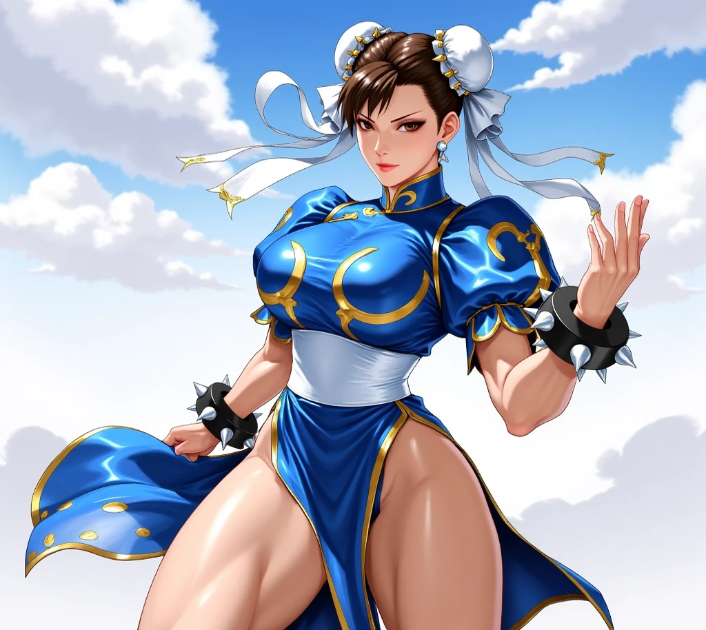 (Best Quality, 8k, 32k,1 Girl, Gigantic Breasts, Thick Thighs, Super Wide Hips, Huge Ass, Perfect Body, Ultra Detailed Face, Brown Hair, Blue Legging Pants, Chun Li, Stuck Hair, Two Buns in Hair.