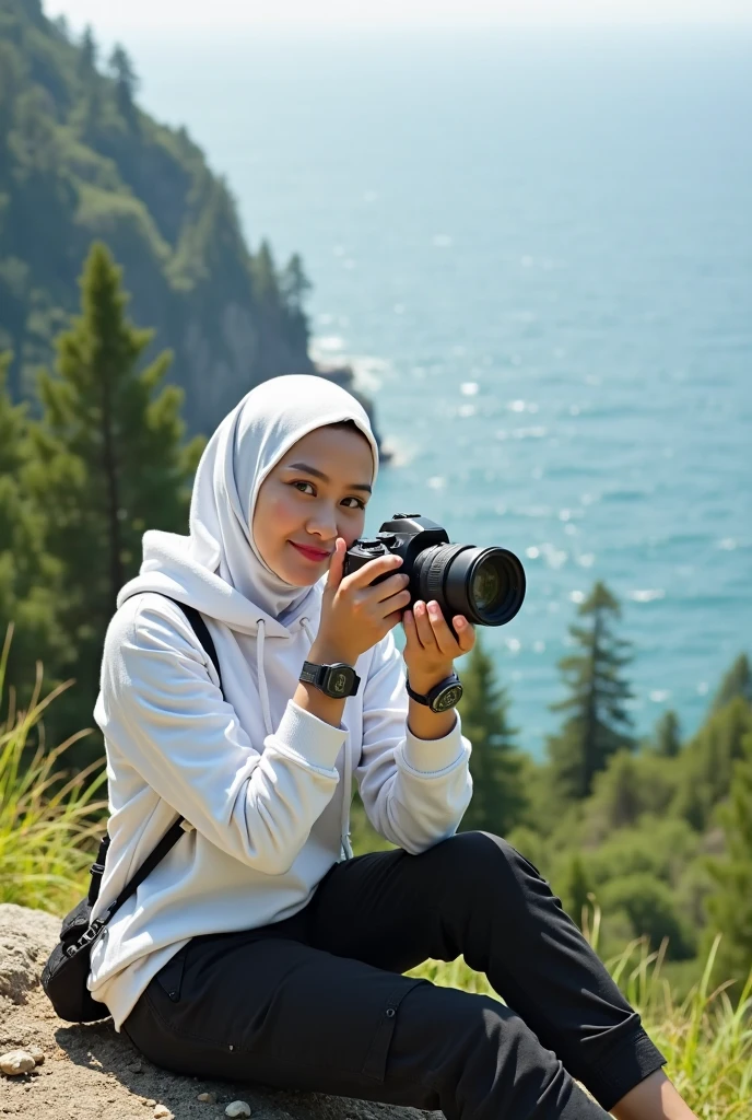 A young woman wearing hijab and glasses, with maroon jersey, sitting on a healing chair at the beach, holding a DSLR camera, detailed photo, high resolution photo, portrait photo