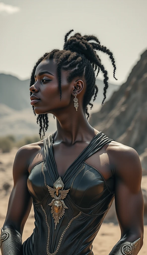 half body shot of black woman dressed in metallic African designed clothes, spears and swords piercing in circular background, black and white cinematic image, 32k, ultra HD, unreal engine rendered, beautiful and vibrant scene. Cinematic film still, shot on v-raptor XL, film grain, vignette, color graded, post-processed, cinematic lighting, 35mm film, live-action, best quality, atmospheric, a masterpiece, epic, stunning, dramatic
