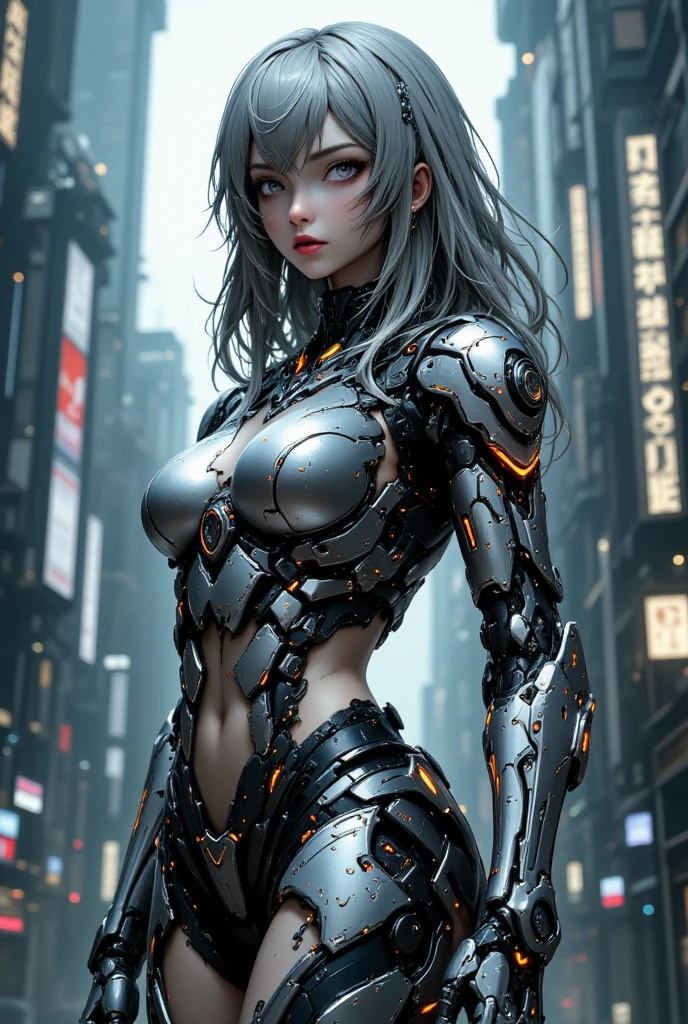 photorealistic, high resolution, 1women, shining skin, solo, jewelry, pink lips, long white hair, blue eyes, closed mouth, hips up,nanosuit, the most beautiful form of chaos, elegant,