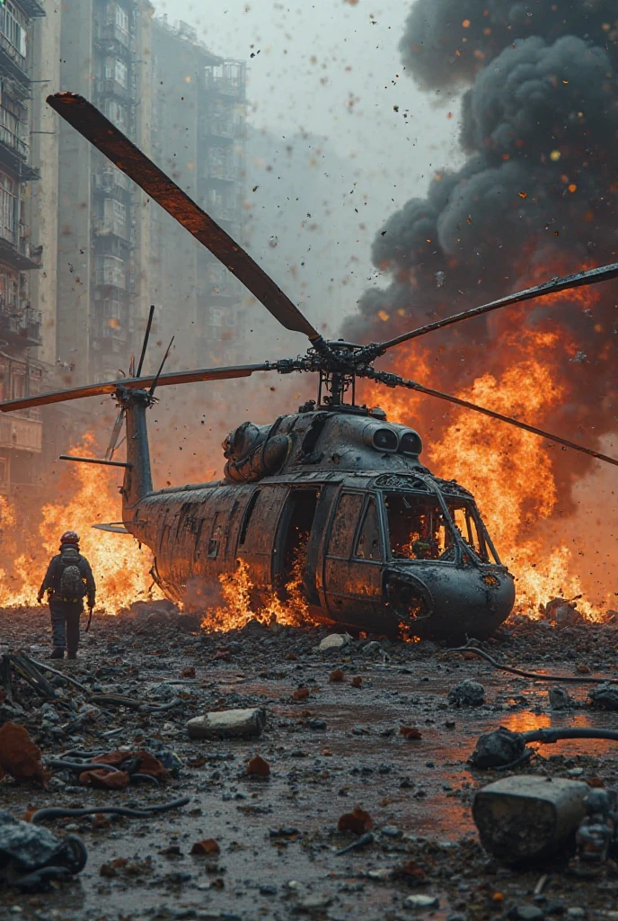 "An intense moment captured in a photograph: a helicopter dropping bombs over a city, capturing the chaos and destruction with (((intricate details))), ensuring the (((highest quality))) in the image. The composition should depict the complexity of the scene, with vivid colors and textures reflecting the gravity of the situation."