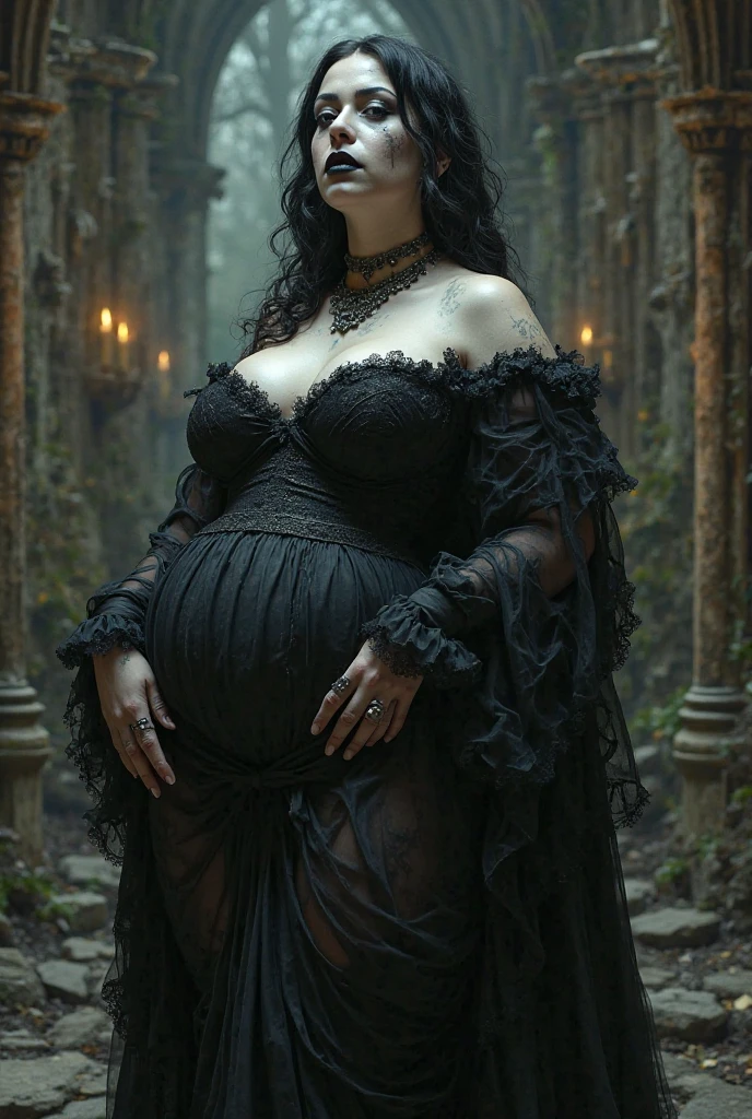 Beautiful middle-aged woman in a gray robe standing in a dark forest, Magnificent style, Octane Rendering, Desert Composition, Beautiful Face, Surreal, Oil on canvas, Award-winning, masterpiece, Trending on Art Station, Studio Ghibli、High heels、Full body portrait、The whole body is projected, (A sadistic smile of temptation), (Curvaceous), ( 信じられないほど大きくてCurvaceousのあるヒップ), (Incredibly thick thighs), (Shining skin), (Wet oily skin), Plus Size Model,Fat pregnant woman、Thick waist、Face of a middle-aged woman with a plump body、Beautiful expression、Big Belly、A 55-year-old pregnant middle-aged woman,