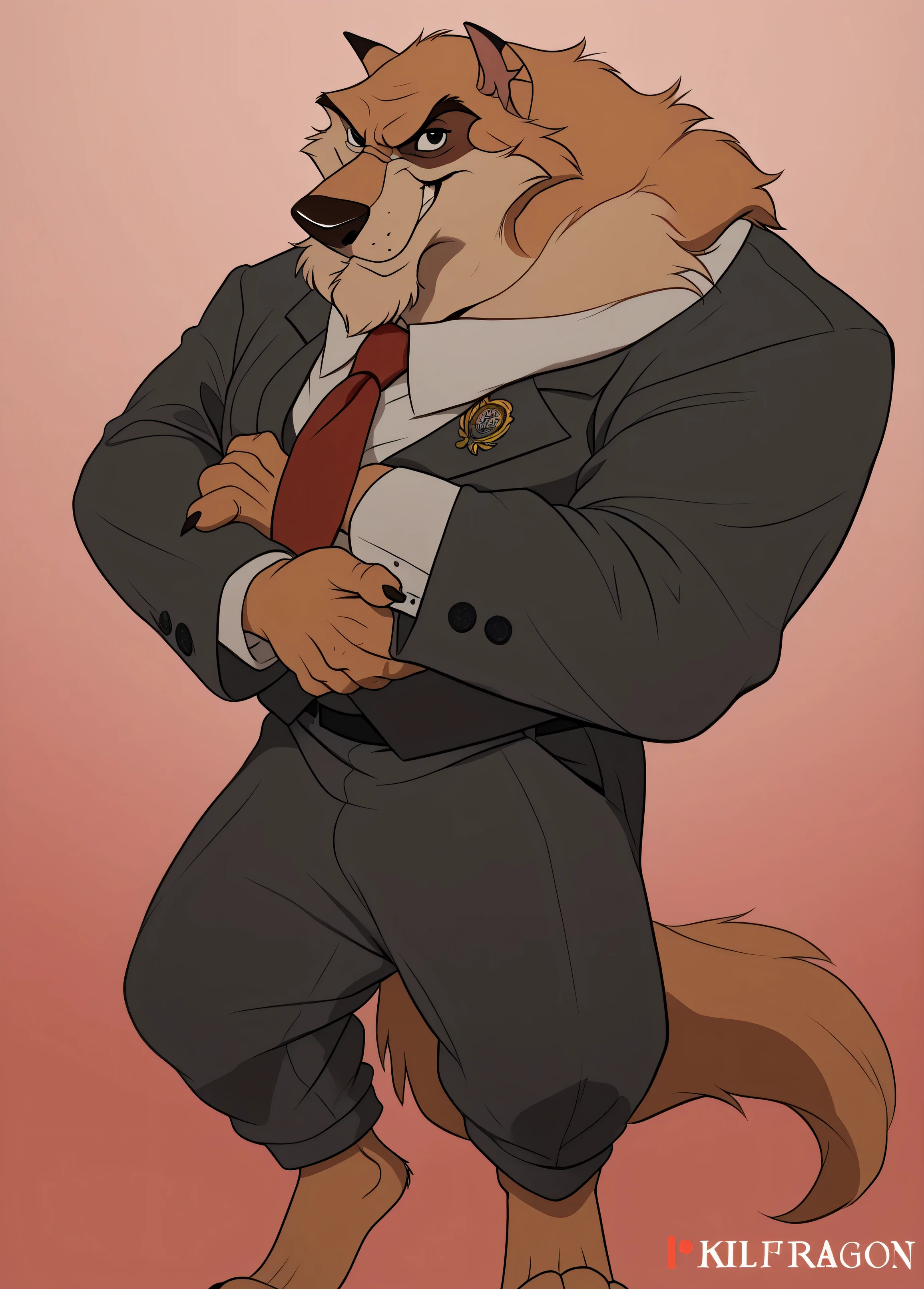 Kaltag pny, alaskan malamute, solo, detailed, detailed face, detailed eyes, anthro body, male, adult, very muscular:1.1, cartoon shading, cel shaded:1.0, flat colors, shirtless, wfa style, negger style, cartoony anatomy, above waist, looking at viewer, arms crossed, countryside background:1.1