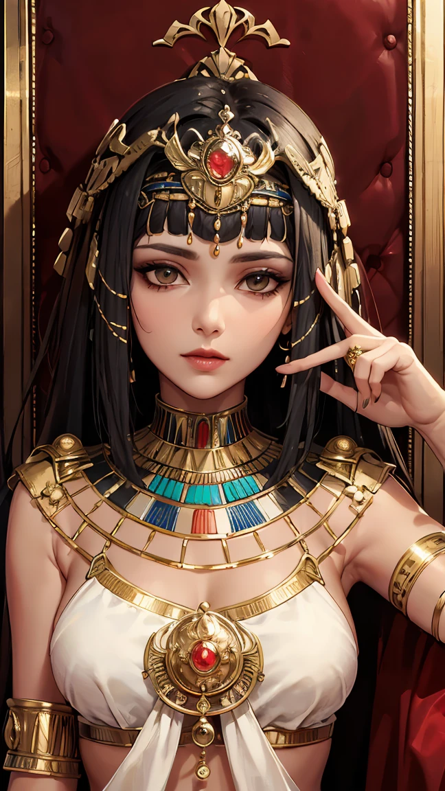 Create an image of Cleopatra, the iconic Egyptian queen. She should be depicted with her characteristic beauty and elegance. Cleopatra is adorned in a luxurious golden headdress with intricate designs, matching gold jewelry, and an elaborate white and gold dress that highlights her royal status. She should have striking makeup, including kohl-lined eyes, emphasizing her regal and captivating gaze. The background should feature elements of ancient Egypt, such as the Nile River, pyramids, or a palace with opulent decorations, to set the historical context.(((bob haircut)))
