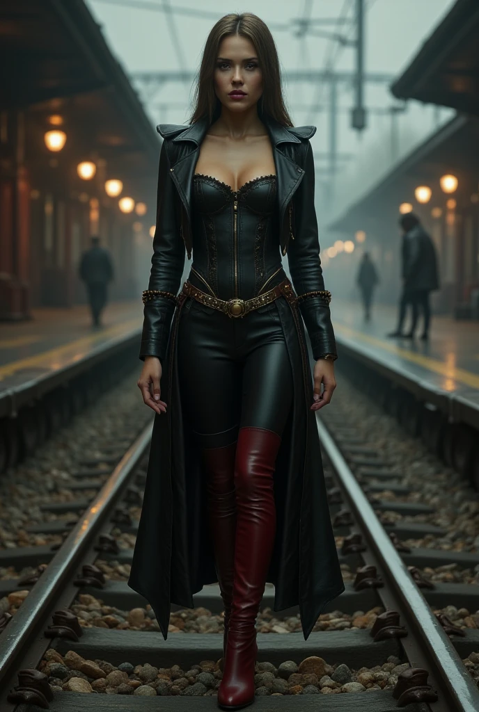 Dark short haircut blue eyes y beautiful supervampire gothic girl stockings high heels black uniform very tall red cape lifts a car overhead in the air with one hand . The gangsters are frightened and fire their machine guns at her, all the bullets bouncing off her, flattening and deforming, and falling to the ground.