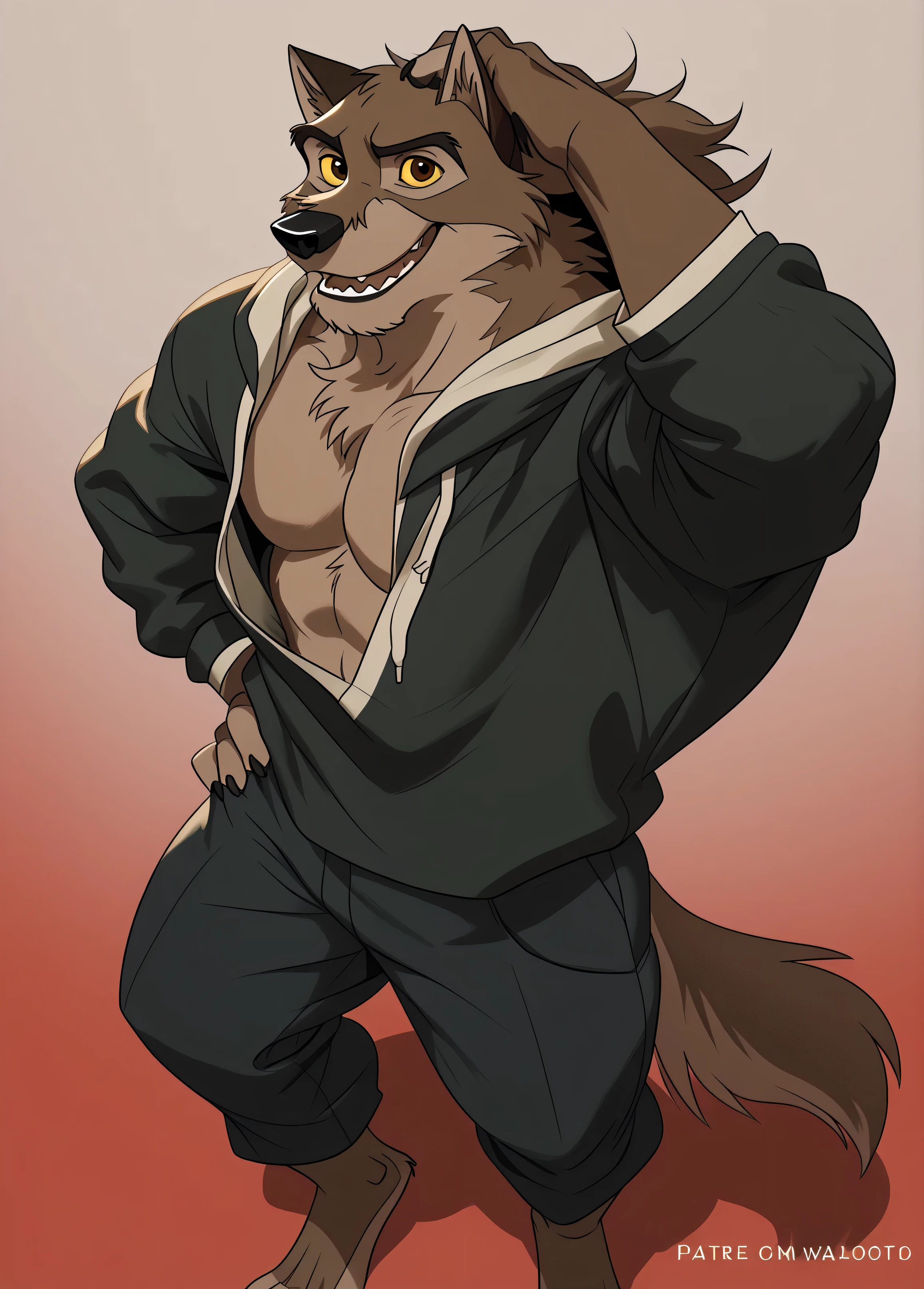 baltotwd, wolfdog, balto, brown eyes, yellow sclera, solo, detailed, detailed face, black eyes, anthro body, male, adult, muscular, cartoon shading, cel shaded:1.0, flat colors, (no background, white background):1.5, shirtless, wfa style, negger style, cartoony anatomy, above waist, looking at viewer, posing, smile
