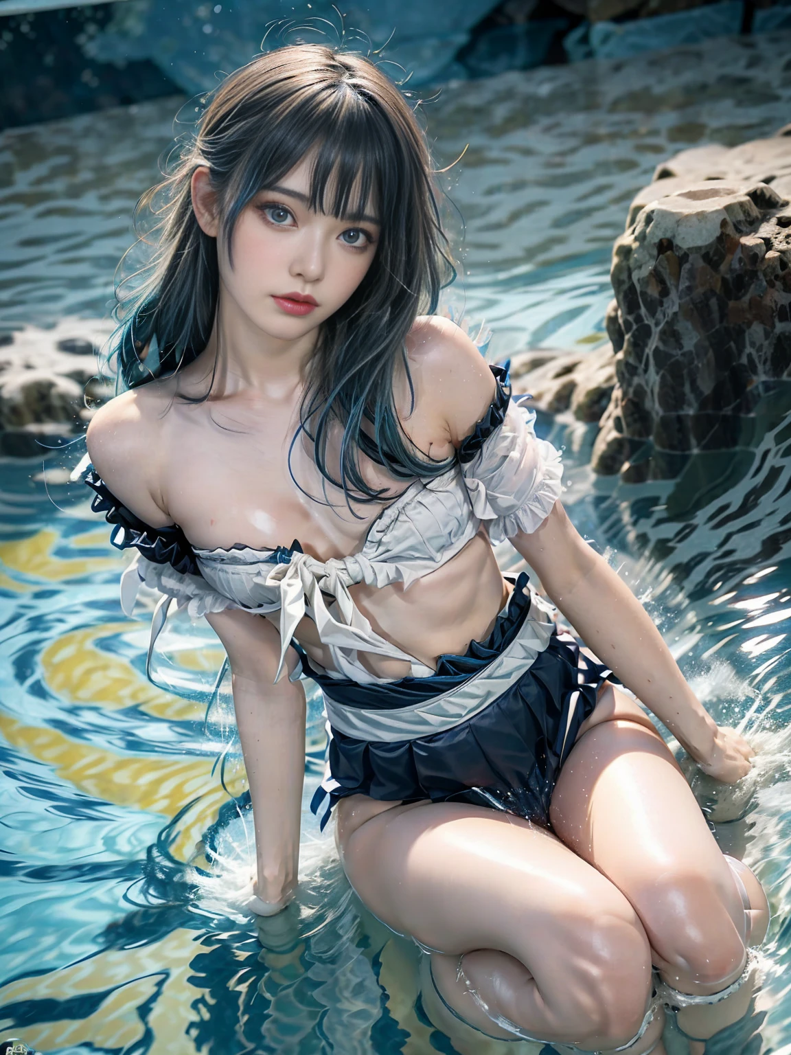 ((masterpiece)), 4k, beautiful (((Japanese cute idle))), ((best quality)), professional lighting, highres, 35 mm lens, f 1/1.4, 18 years old, blonde streaked braid hair, round face, short neck,(solo girl:1.45), supergirl, (wonder woman:0.6), (looking at viewer:1.3), (detailed face:1.2), full body, (red sparkly plunk lips:1.1), realistic painting, intricate, (realistic eye:0.9), (realistic painting:0.9), beautiful shine blue eyes, clean nasal bridge, frozen, soft tits, (school uniform:1.35), silky white cutter shirt, (sparkly red bra is transparent:1.2), (flat chest:0.8), ((small breasts)), smile, embarrassed, BREAK, very strong morning direct light, (bound and crucified with mass of chains made of crystal:1.3), (erotic:0.9), raise one arm, (many small fine ice crystals:1.1), ribs are faintly visible, (much water dancing in the air:1.3), bathing, outdoor, in pool, (shiny skin:1.2)