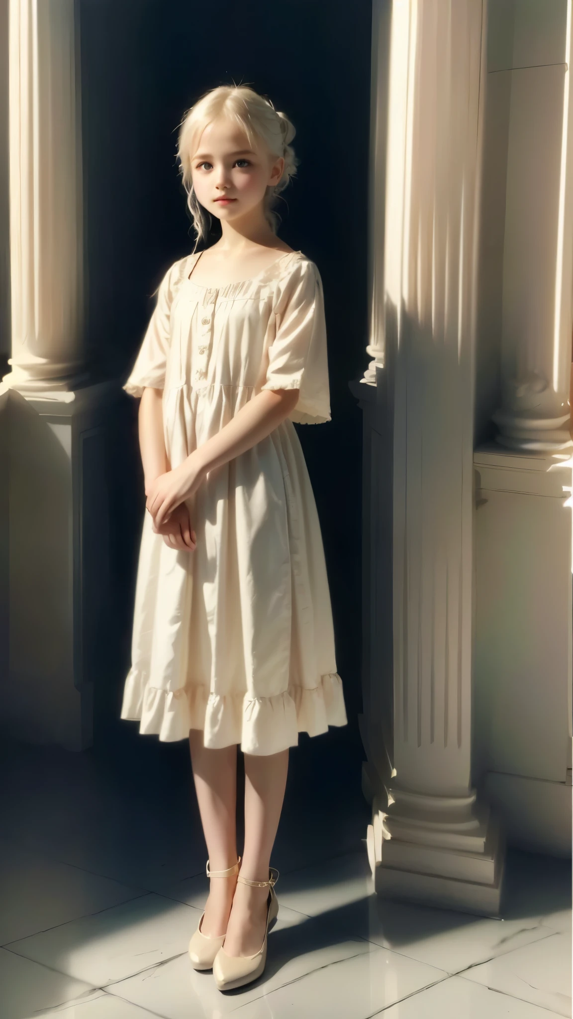 ( master part , high quality full body view :1. 3) , duo , ( elegant oil painting of a young albina loli in the style of Bob Byerley:1. 2), detailed face makeup, ( realistic albino white skin ), ( light pink albino eyes :1. 1), ( short hair type double ponytail ), ( light white hair), (short yellow dress, powdered white lashes), white eyeliner, better light+shadow, extremely , dark atmosphere, High raw DPI , intricate oil painting techniques , extremely detailed, 16k, Ultra HD, HDR, ( master part :1. 5), ( best quality:1. 5), Persephone