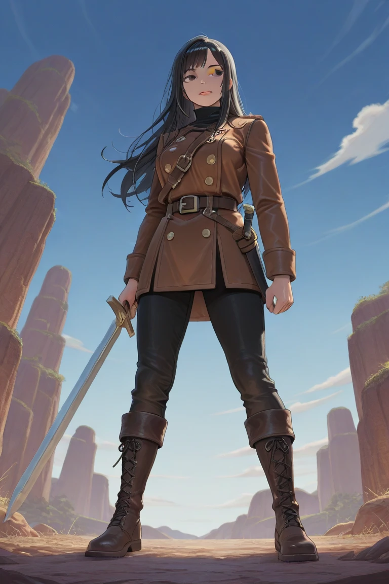 A woman with long brown hair, a determined expression on her exquisite face, a tall and muscular physique, a cropped top that exposes her waist, a yellow leather jacket with rolled-up sleeves, sturdy wooden forearm guards, two ribbons are elegantly tied around her right arm, a short skirt with a small tool pouch around her waist, a dagger is strapped to her thigh, rough cloth boots, her right hand holds a massive cleaver, standing in a fantasy-style wilderness city, this character embodies a finely crafted fantasy-style bounty hunter in anime style, exquisite and mature manga art style, high definition, best quality, highres, ultra-detailed, ultra-fine painting, extremely delicate, professional, anatomically correct, symmetrical face, extremely detailed eyes and face, high quality eyes, creativity, RAW photo, UHD, 8k, Natural light, cinematic lighting, masterpiece-anatomy-perfect, masterpiece:1.5