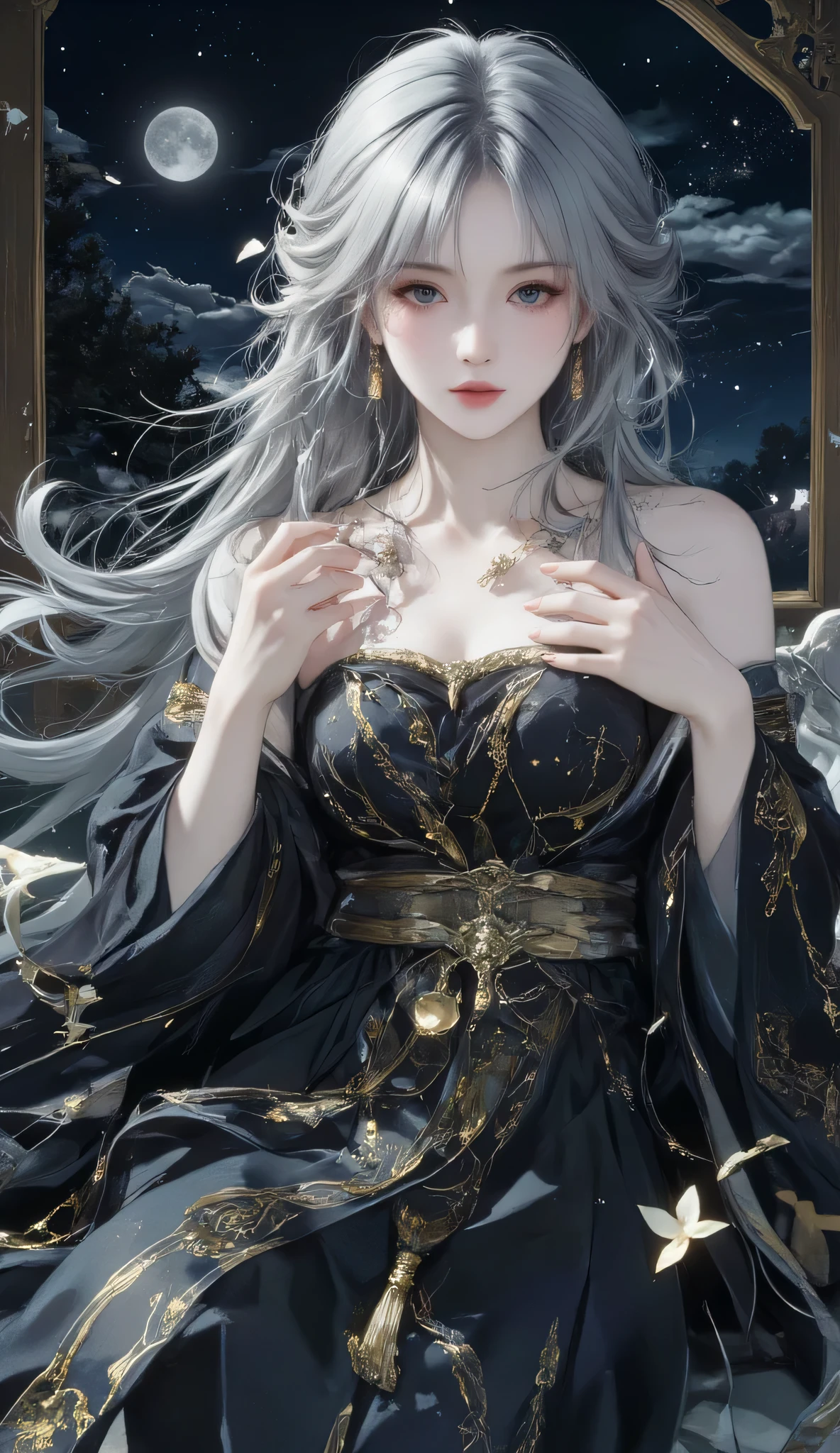 Get ready to immerse yourself in the enchanting world of Renaissance Slavic portraits , visible brushstrokes 、Bringing life to an impressive depiction of a young woman with silver hair and a constellation-patterned robe 。. while watching the surroundings under the moonlight , play of shadows and light 、It creates enchanting light and dark effects reminiscent of Impressionist masters like Van Gogh 。, Arik Brauer, Georges Mathieu , infused with Arkan Nair's whimsical surrealism . combines traditional oil painting techniques with cutting-edge digital airbrushing technology , this semi-abstract work goes beyond conventional categories , } Combines figurative art with exquisitely detailed abstract art . collaged components add depth and appeal , Delicate tonal changes weave a tapestry with intricate patterns and rare beautiful details。. Each square inch is full of vibrant colors and stunning highlights , that make a spiritual impression on the mind . illuminated with impressionistic lighting effects , these sparkling touches are 、 elevates the work to new heights of visual excellence 。. Extraordinary subtlety Witness the creation of timeless masterpieces put in , made to stimulate admiration and curiosity 、 presented in gorgeous high resolution . . realistic, Perspective, Light and Shadow , religious or mythological themes , very detailed, Sketch Art Style , gray kale , monochrome,An illustration of the head to the area around the waist in a frame,A realistic young woman's hand (aged 18-25) with exactly five fingers, anatomically correct, with delicate and slender fingers, smooth skin texture, and soft lighting. The hand is well-proportioned, feminine, and naturally posed, either holding an object or resting. The fingers are properly aligned without merging or unnatural overlaps. The nails are well-groomed and natural-looking, with a slightly pinkish hue. The skin tone is fair and warm, with subtle shading to emphasize realism