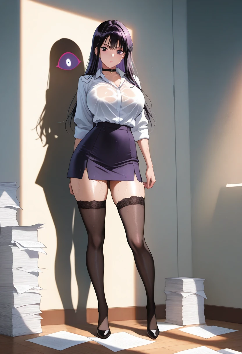 tohkayatogami, tohka yatogami casual, long hair, purple hair, alluringly smile, office shirt, white shirt, see through shirt, wet shirt, visible black bra, sweating, long shirt, long sleeves, bare legs, pantyhose no skirt, no pants, fabric chokers ,(purple eyes:1.1), hair ribbon, ponytail, purple hair, white ribbon, g cup breasts, bewitching thighs,plump butt , low heels
BREAK ,
BREAK outoors, raining showers, dripping wet, one person, standing , low heels, white ribbon ,
BREAK angle point view ,looking at viewer, seduce poses, both hand on neck, confident, full body view, head to toe view, create bit distance ,
BREAK (masterpiece:1.2), best quality, high resolution, unity 8k wallpaper, (illustration:0.8), (beautiful detailed eyes:1.6), extremely detailed face, perfect lighting, extremely detailed CG, darker background, (perfect hands, perfect anatomy),safe of work