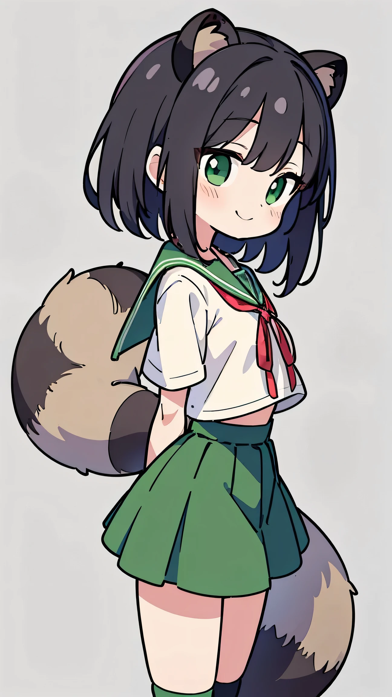 anime style、 woman、 Raccoon Ears、Raccoon Tail、black hair、 short hair、 Green Sailor Suit、red ribbon、 Green Long Skirt 、knee-high、simple background、smile、 green eyes、profile