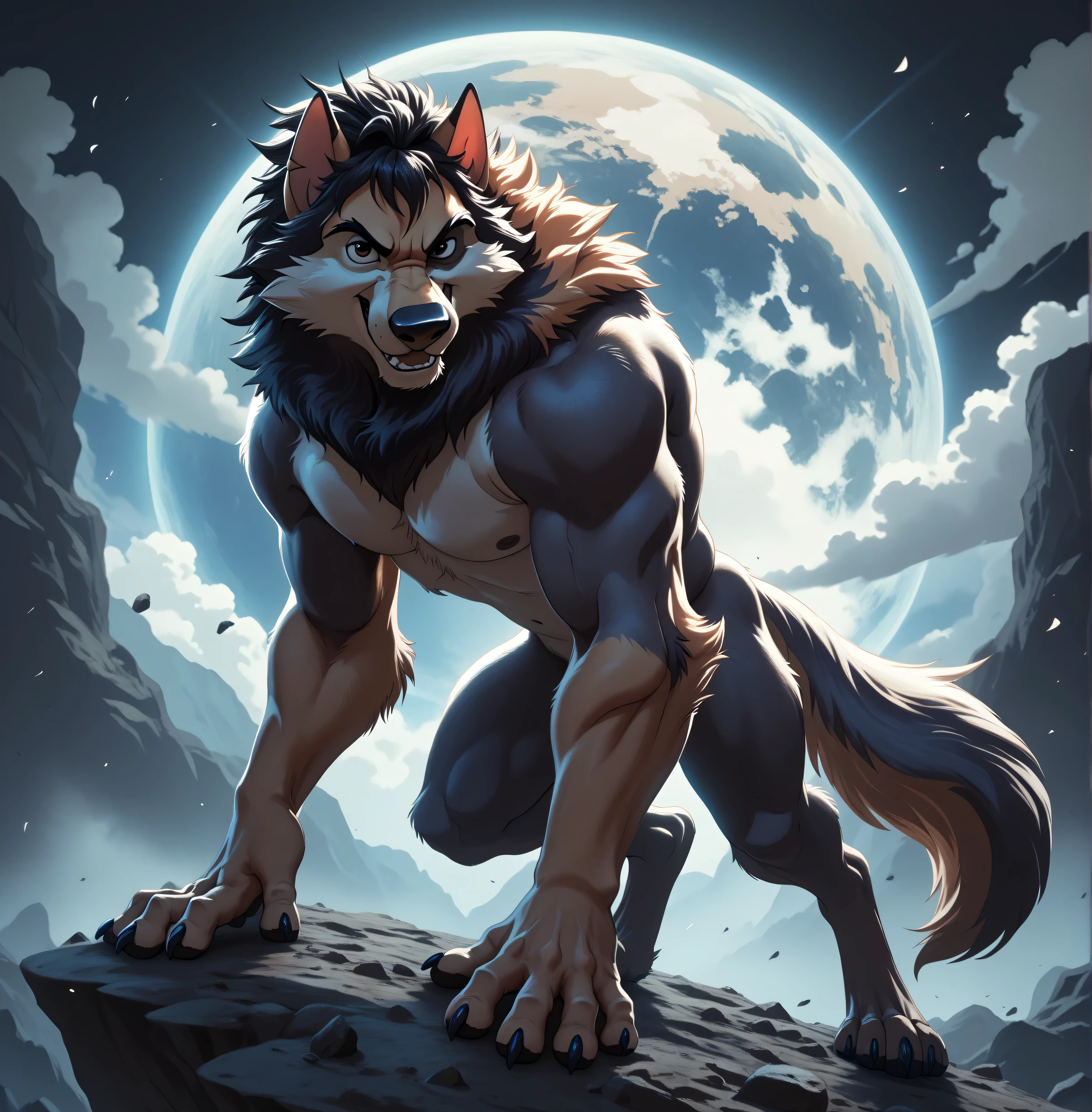 Kaltag pny, alaskan malamute, solo, detailed, detailed face, detailed eyes, anthro body, male, adult, very muscular:1.1, cartoon shading, cel shaded:1.0, flat colors, shirtless, wfa style, negger style, cartoony anatomy, above waist, looking at viewer, arms crossed, countryside background:1.1