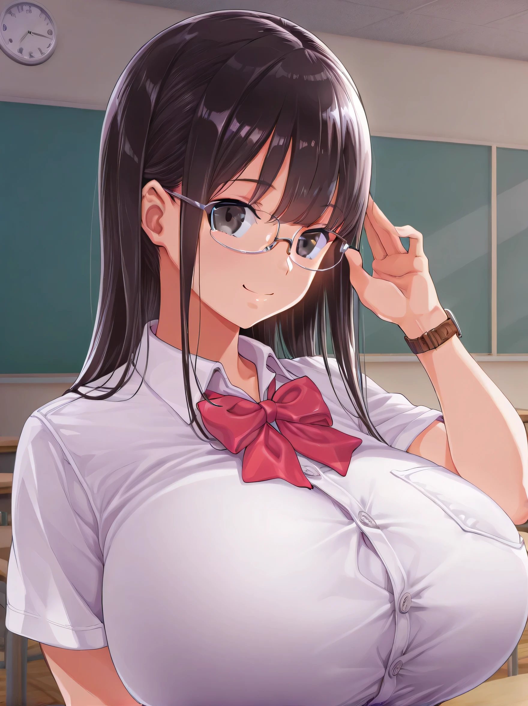 1 girl,alone,watch viewers,Front 爆乳,Too Big Chewy ,hyper breasts,shirt,straight hair,upper body,Short sleeve,Closed Mouth,school uniform,school classroom,collared shirt,smile, bow tie,Front ,dark eyes,masterpiece,Best Quality,Great Quality,glasses