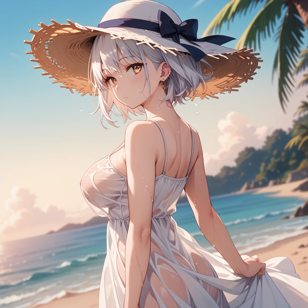 masterpiece, absurdres, high detail, uhd, beach, ocean, sand, sunset,
from side, smug face, stretched arm, wind,
solo, momoshiro_chiyoko, yellow eyes, grey hair, short hair, wide straw hat, white bikini, blue sarong, flip-flops, heels,
<lyco:momoshiro_chiyoko_lora_ver1:0.7>