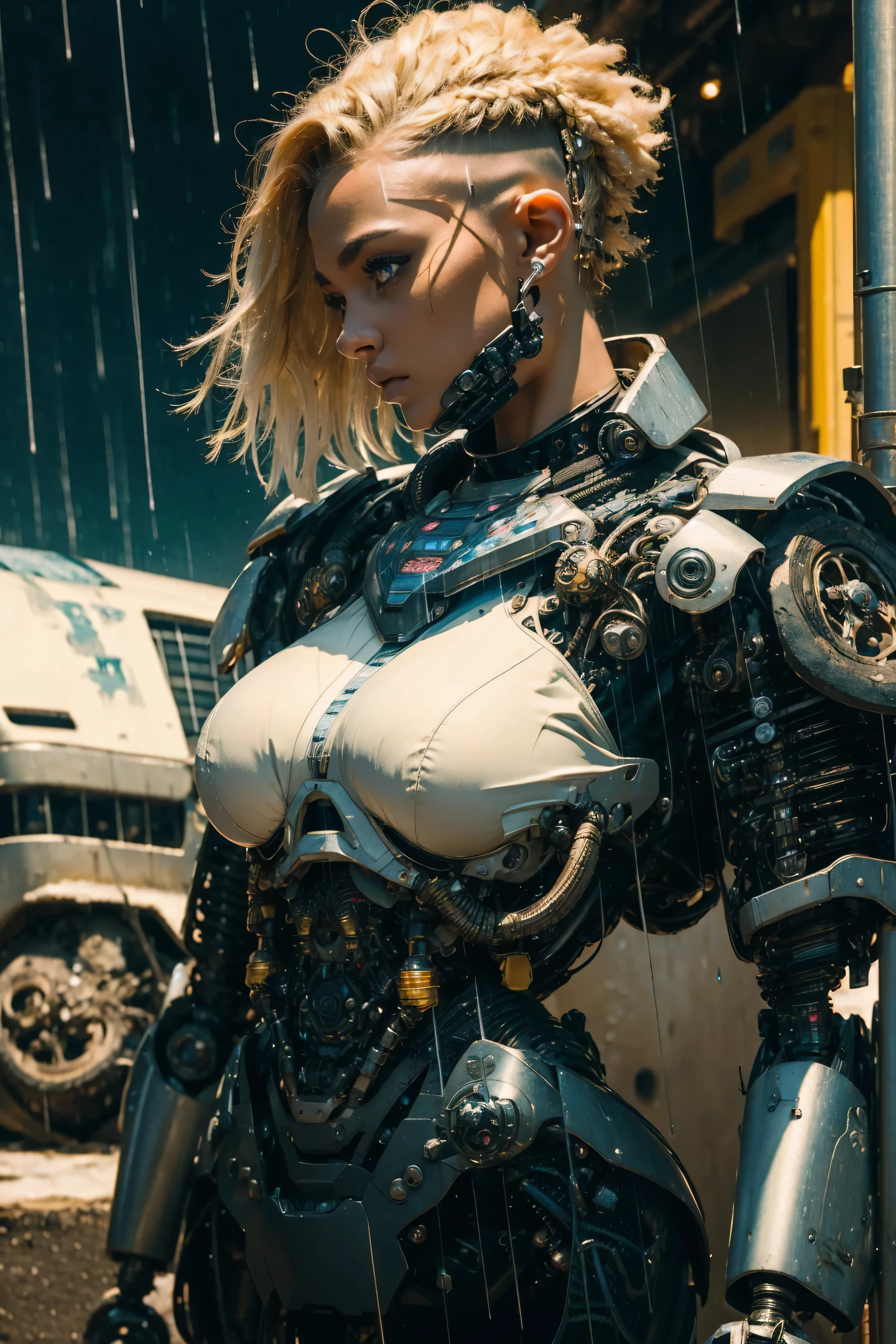 (masterpiece, photorealistic, award winning, best detail), 1girl, young, (shaved hair), blonde drealocks, expressionless, looking at viewer, giant huge breasts, (huge sagging:1.2), she is a damaged cyborg discarded in a giant pile of thrashed robots. facing to the side, futuristic decaying landscape, night, (rain:1.2), pollution, urban cyberpunk, full body, intricate details, (depth of field:1.3)