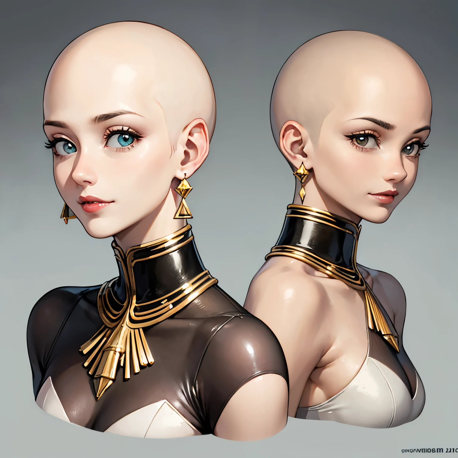 beautiful girl, ( bald ), (no hair),  perfect face, innocent smile, stem,(cerulean eyes),(small), (thin), ((21 years old)), Extreme Detail, charming oval face, Red lips, rosa,  shiny skin,  detailed hair , facial focus, Chest close up, decorative gold collar, gold earrings, ((1 girl)), Embarrassed expression, side view, perfect side viewm