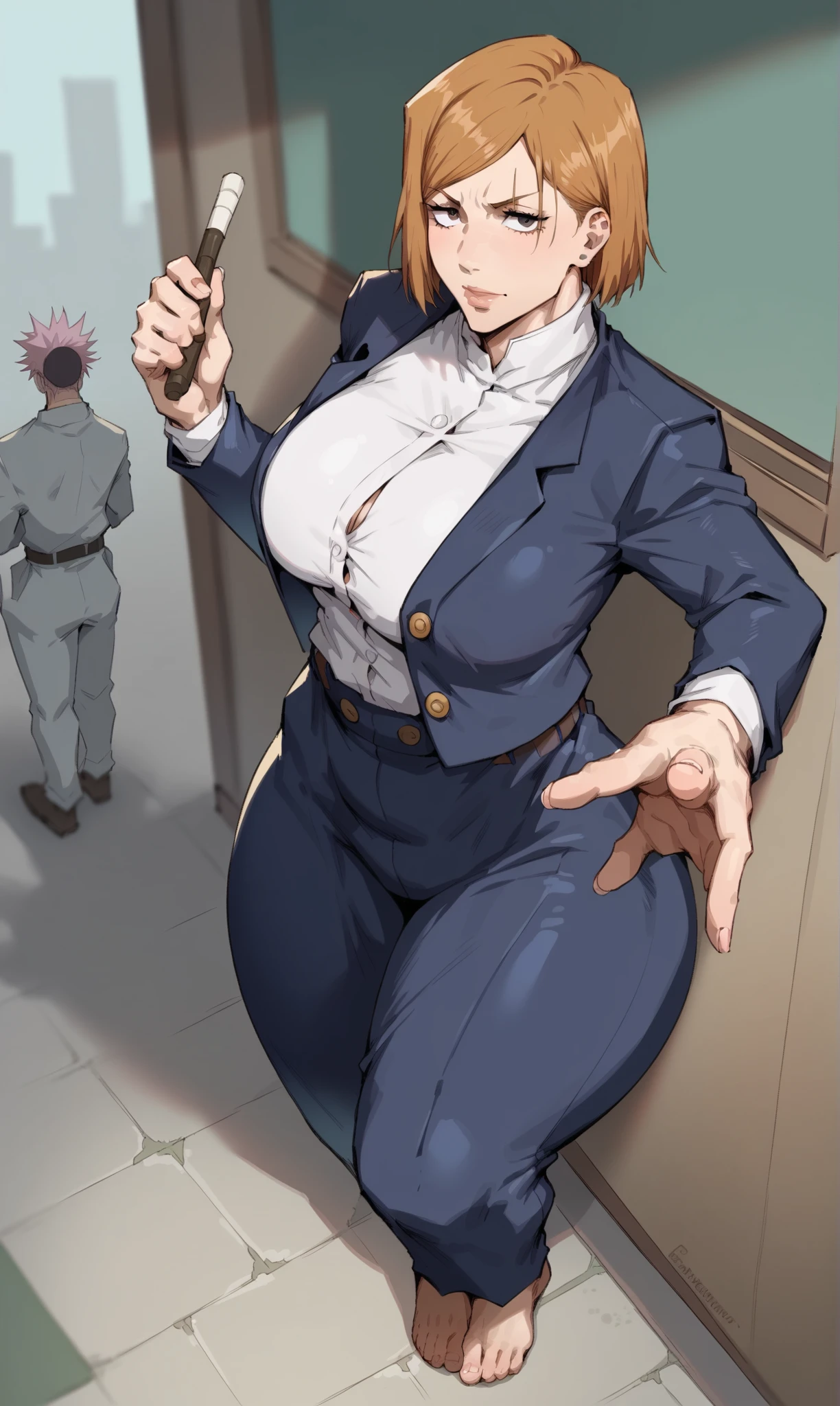 ((top quality, 8k, masterpiece: 1.3, ultra hd, high quality, best quality, high definition, realism)), sharp focus: 1.5, Model Nobara kugisaki with a muscular body, orange eyes, Mole under the outer edge of the eye, Short orange hair, Small breasts, Abs, Arm muscle, Open shirt buttons showing breast cleavage, visible stomach, Sexy and seductive pose On Chair, thighs wide open