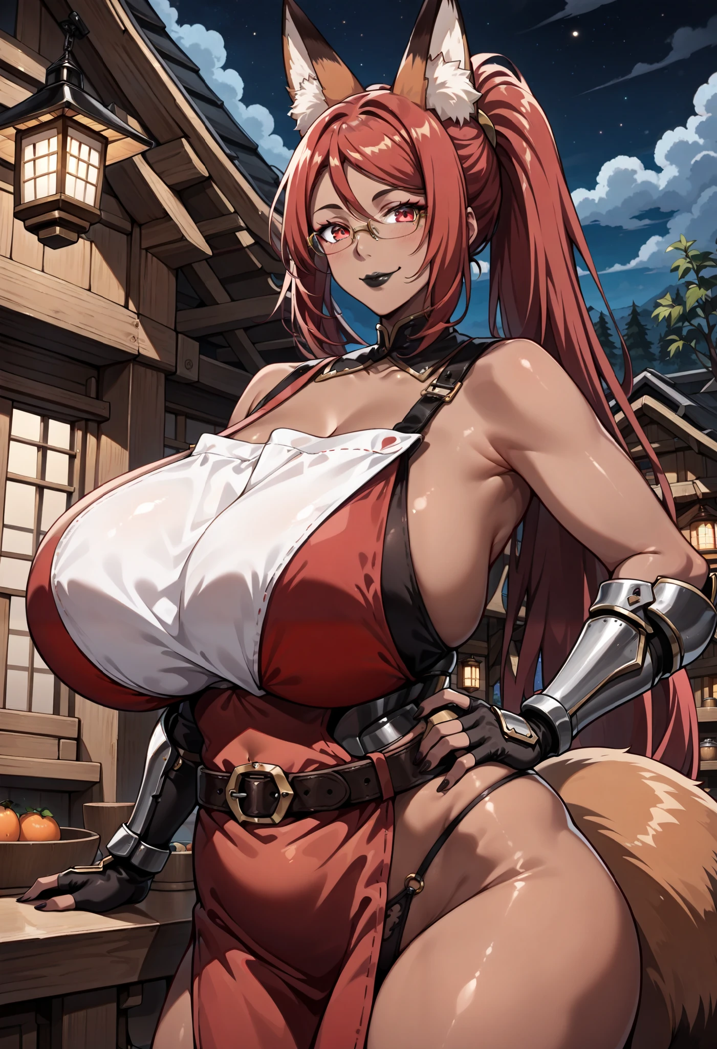 Hakufu Sonsaku Earrings, Red Bow, Best ,Long skirt, kimono, Fingerless gloves, whole body, smile, Curvy, smile, Large Breasts,forest, Medieval village,Europe Preparing、Camel Toe、Giant tit、Nipple Puffs、Cleavage、Plump、Super big breasts、Super big butt