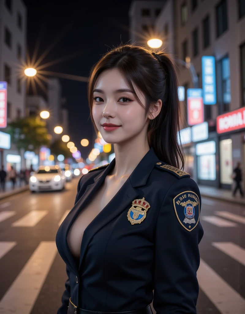 ((((top-quality))))、(((Ultra Precision CG16K Wallpapers)))、(((​masterpiece)))、(((ultra-detailliert)))、(((Ultra-extreme details)))、One woman、a matural female、a 25yo woman、((Korean Face))、((extremely beautiful face))、((Korean Idol Singer:1.8))、((Semi-long cut:1.2))、(curly hair)、Bangs up to the eyebrows、Beautiful brown hair、Beautiful delicate eyes、Brown eyes、lofty nose、small nostrils、seductive lips、slightly open mouth、Beautiful breasts、C-cup size breasts、cleavage of the breast、Plump body、perfectly proportions、perfect anatomia、Beautiful and detailed shading、Beautiful natural lighting、Beautiful detail glow、depth of fields、(((a high chroma)))、((realisitic:1.9))、((Vivid：1.4))、((Beautiful skin))、((Skin texture))、((Realistic skin feeling))、perfect-composition、(((medium shot)))、((Angle of view from the front))、((a smile:1.2))、(Staring eyes)、Bright sunshine、((NY Times Square:1.2))、(Background blur)、((American Police Uniforms:1.5))、(a necklace)、(耳Nipple Ring)、