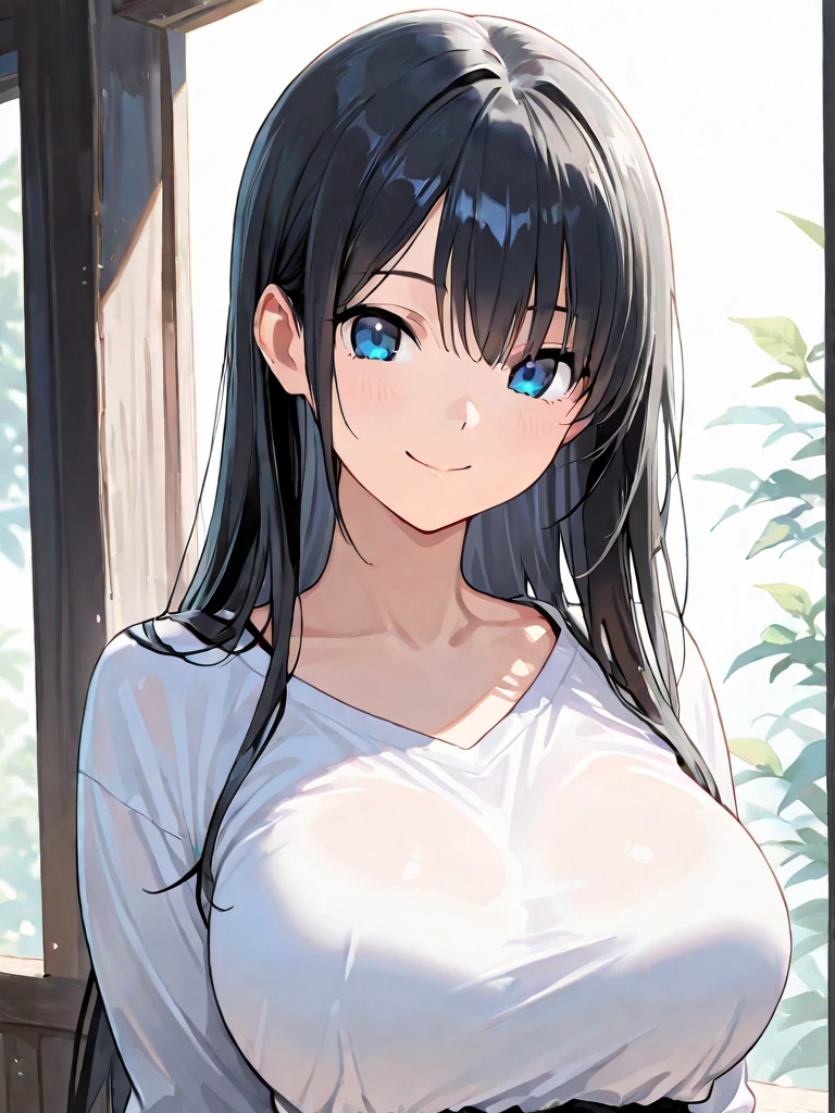 (masterpiece:1.4、top-quality、illustration:1.4,realistic、)、(character focus、breast focus,upper body:1.3)、(1girl),(Open mouth happy smile:1.3),(cute),cute face,blue eyes、(cute)、
,(stand:1.4),(black long hair),
,(slender),(see-throughshirt:1.3),
(),(), (small breasts:1.3)、
、slender、nsfw