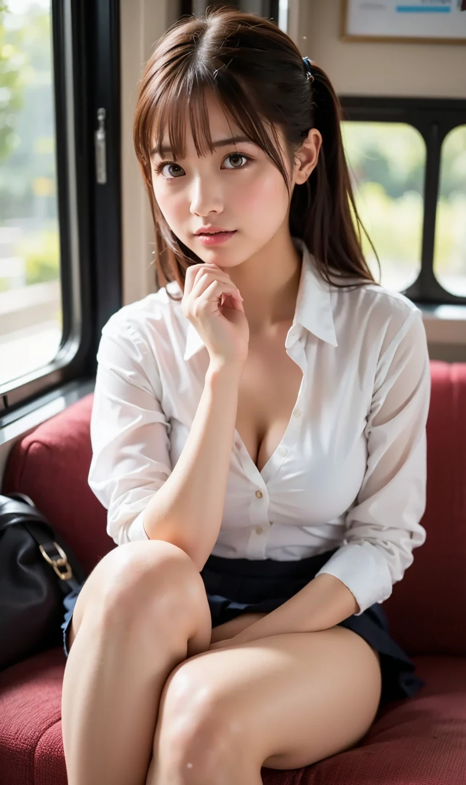 ((of the highest quality, 8K, masutepiece: 1.3, Raw photo)), Sharp Focus: 1.2, (1 AESPA Girl :1.1), (Solo: 1.1), (Realistic, Photorealistic: 1.37), (Face Focus: 1.1), Cute face, hyperdetailed face, (short messy hair: 1.2), (updo: 1.3), small breasts, flat chest, nude, thigh, Beautiful flight attendant, airport, Meticulous beautiful flight attendant outfit, chiffon panties, squatting