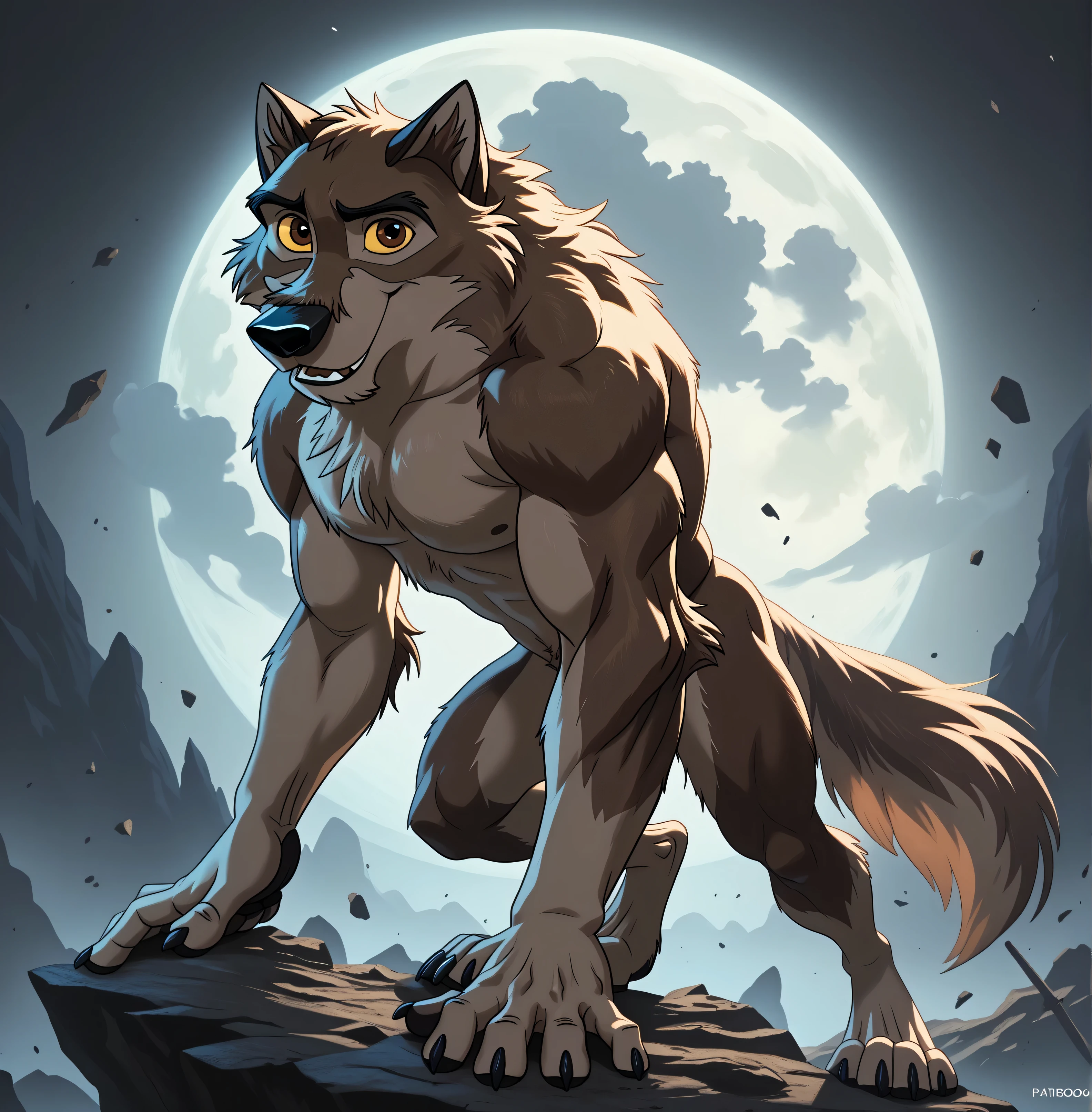 baltotwd, wolfdog, balto, brown eyes, yellow sclera, solo, detailed, detailed face, black eyes, anthro body, male, adult, muscular, cartoon shading, cel shaded:1.0, flat colors, (no background, white background):1.5, shirtless, wfa style, negger style, cartoony anatomy, above waist, looking at viewer, posing, smile