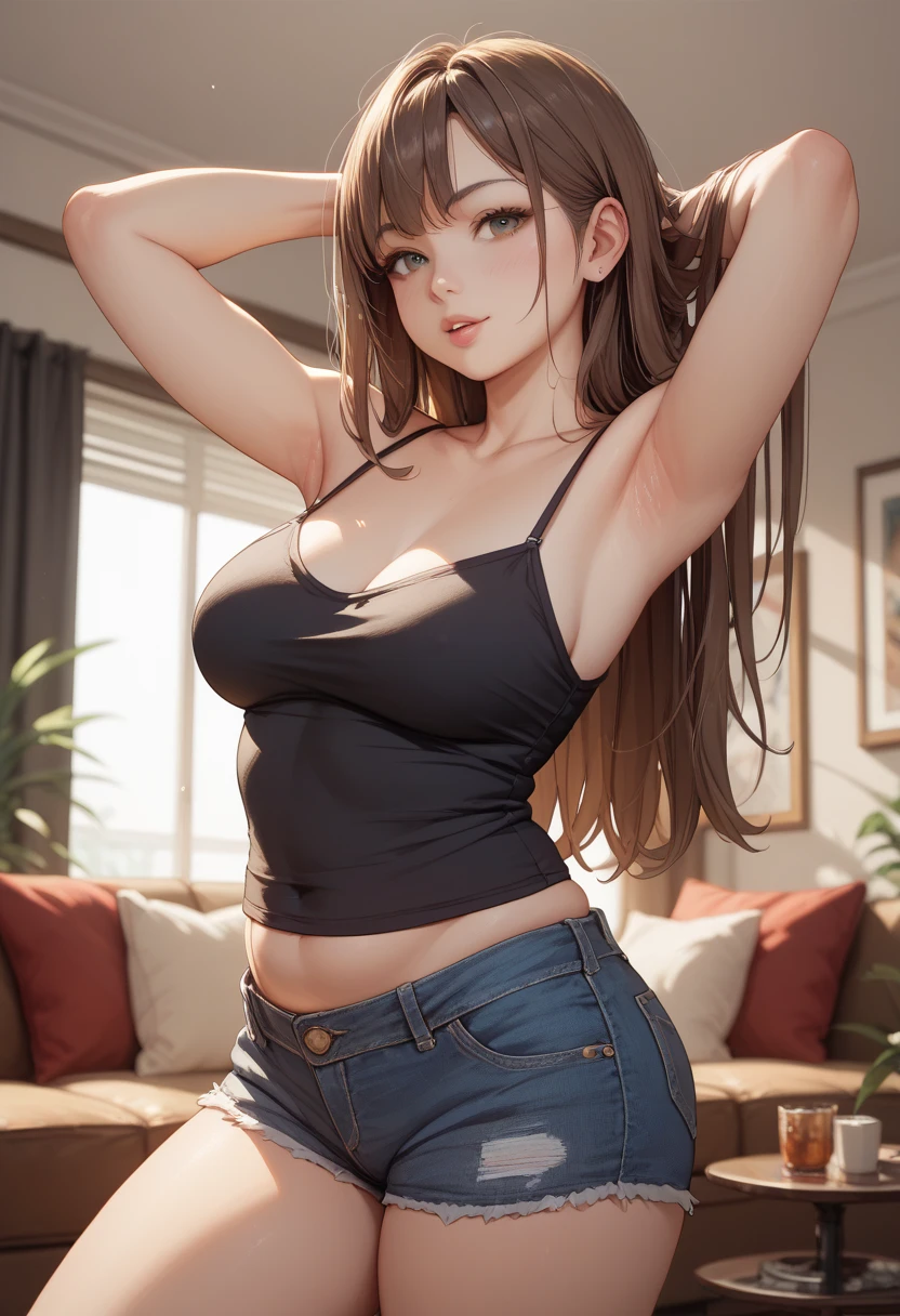 Best quality, masterpiece, (fidelity: 1.2), 1 girl, brown hair, golden eyes, frontal, detailed face, beautiful eyes, wolf eyes, (wolf ears), tank top, jeans, with huge wolf, sexy suspenders, deep V, pure desire