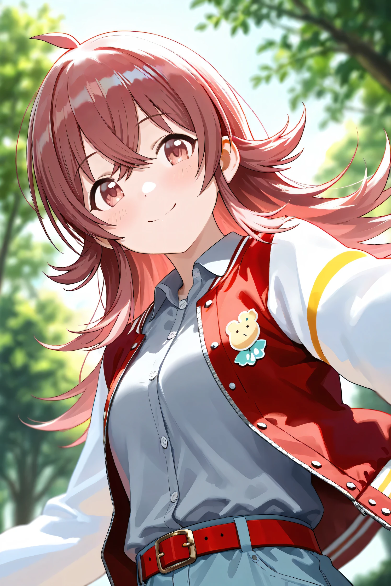 (Masterpiece), (Highest quality), (Very detailed),
(The best shape), (Best Shadow), (Absurd),
(Detailed background), (So beautiful), Shiny ,
Beautiful eyes in every detail, Extraordinary, Countershading, 8k, 32K, High resolution,
Very Detailed CG,
Score_9, Score_8_up, Score_7_up, Source_anime,
(Pastel painting:1.2), (Watercolor painting:1.2),
(Masterpiece, Detailed:1.2), (Foreshortening:1.2),
Cinematic, Dramatic, (Depth of field:1.4),
(Blurry background:1.4), (Realistic background:1.4),
(Foreshortening:1.3),Dynamic angle, From below,
1 girl,
Outdoor, Nature, Park, Wind,
Komiya Kaho, komiya kaho,
the idolmaster shiny colors,
long hair, red hair, red eyes, hair between eyes, ahoge, (medium breasts:0.7),
(Casual wear:1.3),
(Collared shirt:1.1), (Gray shirt:1.3), (Plain shirt:1.1),
Souvenir Jacket, Open jacket, Red jacket, Long sleeves, White sleeves, Plain jacket,
Hot pants, belt, red belt,
Portrait, Focus on face, Close up shot,
(Blush:1.3), Smile, Happy,
Realistic skin, Shiny skin,