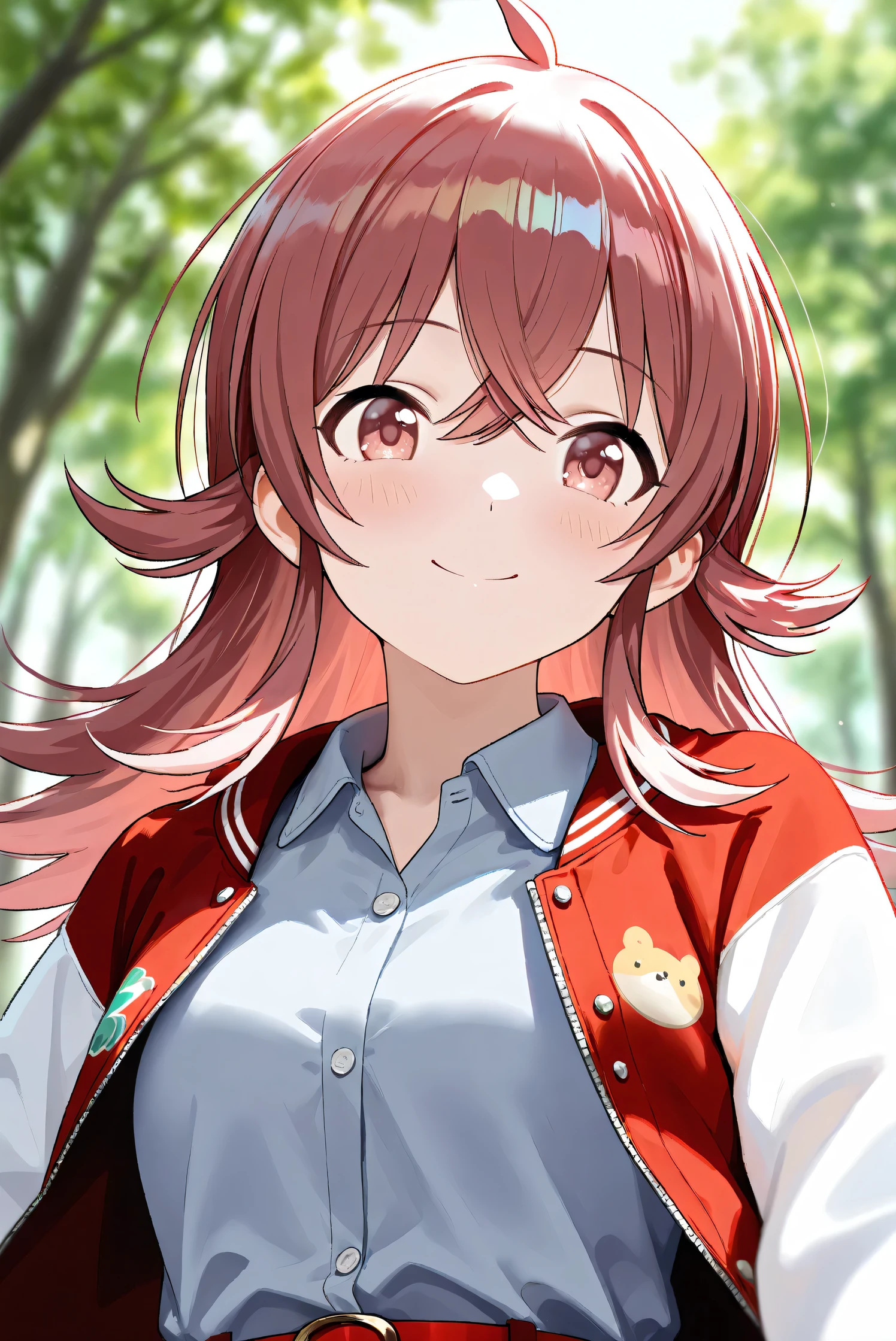(Masterpiece), (Highest quality), (Very detailed),
(The best shape), (Best Shadow), (Absurd),
(Detailed background), (So beautiful), Shiny ,
Beautiful eyes in every detail, Extraordinary, Countershading, 8k, 32K, High resolution,
Very Detailed CG,
Score_9, Score_8_up, Score_7_up, Source_anime,
(Pastel painting:1.2), (Watercolor painting:1.2),
(Masterpiece, Detailed:1.2), (Foreshortening:1.2),
Cinematic, Dramatic, (Depth of field:1.4),
(Blurry background:1.4), (Realistic background:1.4),
(Foreshortening:1.3),Dynamic angle, From below,
1 girl,
Outdoor, Nature, Park, Wind,
Komiya Kaho, komiya kaho,
the idolmaster shiny colors,
long hair, red hair, red eyes, hair between eyes, ahoge, (medium breasts:0.7),
(Casual wear:1.3),
(Collared shirt:1.1), (Gray shirt:1.3), (Plain shirt:1.1),
Souvenir Jacket, Open jacket, Red jacket, Long sleeves, White sleeves, Plain jacket,
Hot pants, belt, red belt,
Portrait, Focus on face, Close up shot,
(Blush:1.3), Smile, Happy,
Realistic skin, Shiny skin,