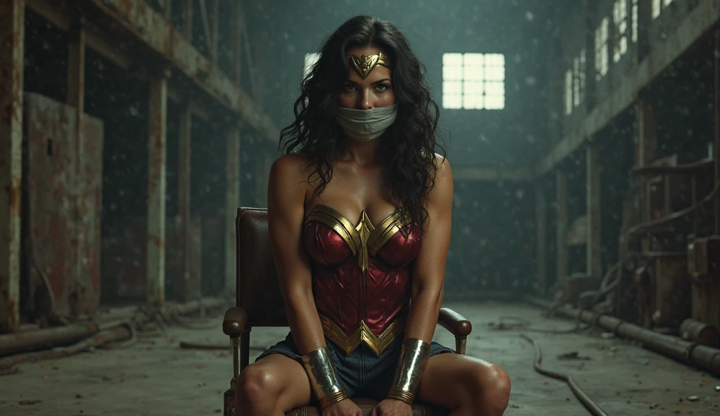Wonder Woman being tied by her hands and ankles, gagged by a rag and with a look of submission and fear