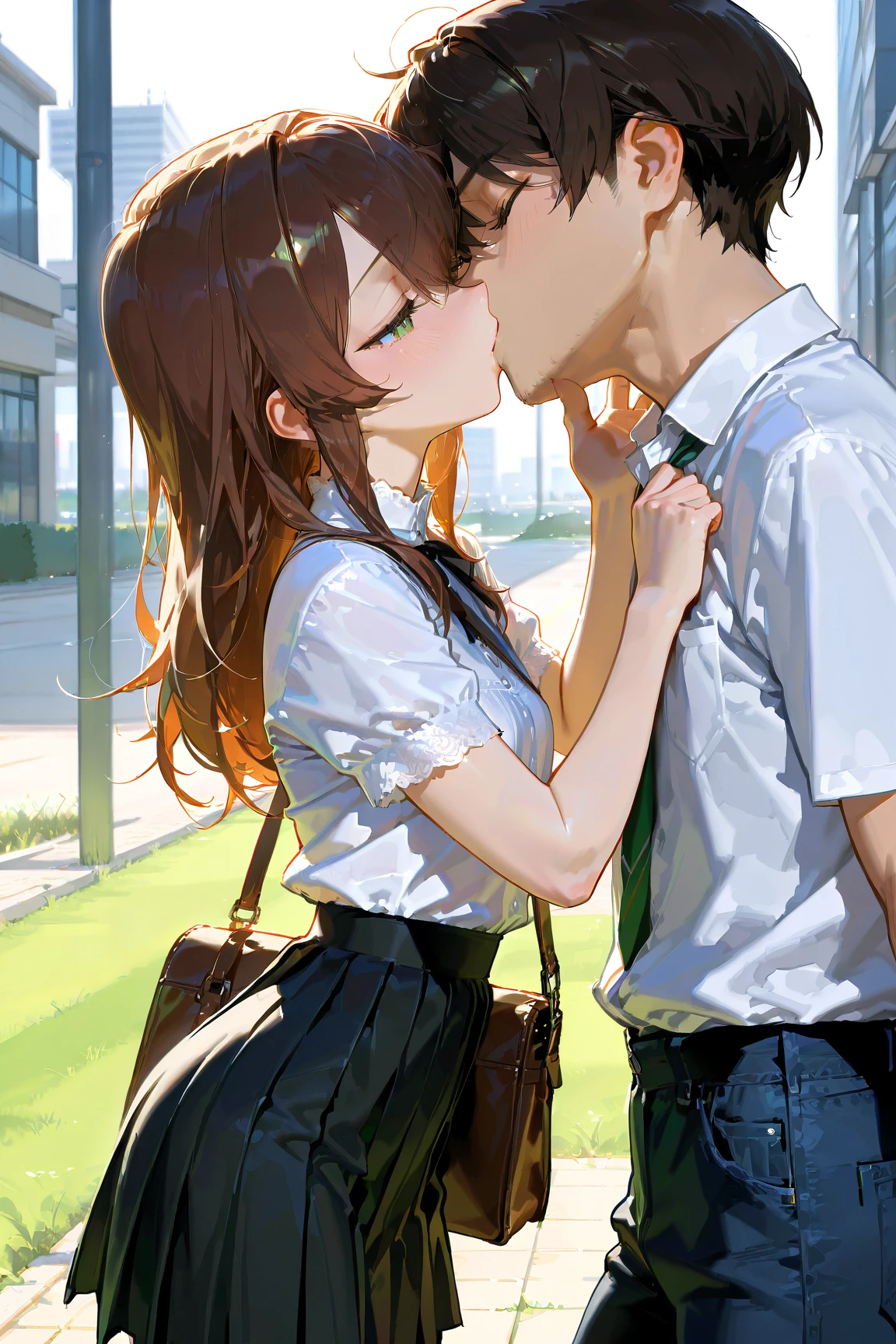 girl、Short brown hair、Brown eyes、Large Breasts、clavicle、、high school student、Collared shirt、White shirt、Sweater vest、(Yellow vest:1.2)、Short sleeve、Pleated skirt、Green Skirt、White Soccery Jane、Gender Bending、boy、Male chest、Pleated skirt、Green Skirt、Couple、kiss、