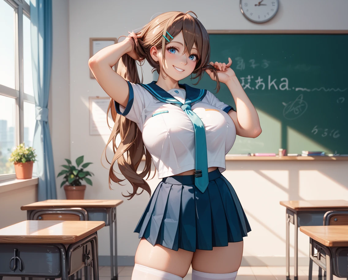 (highest quality), (masterpiece), 1 girls, strap slip, show off , bustes press, classroom, Small and large breastle exposuschool swimsuit )), embarrassed, ((Sweat)), classroom, Shoulder Bare, ((cleavage)), smile, nipples, Low angle, black hgtails, blunt bangs, 18-year-old, nsfw
