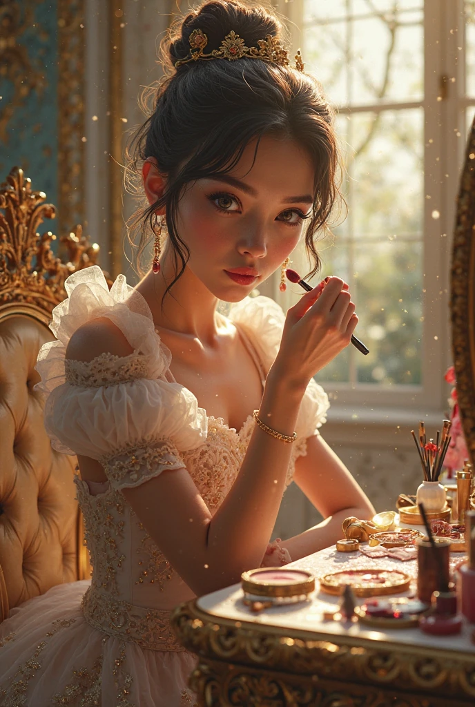 (masterpiece, best quality:1.5), highest quality, High resolution, super detailed, Realists, Upper body photo of a brunette young magical girl, detailed and beautiful eyes, beautiful detailed lips, very detailed eyes and face, longeyelashes, shiny satin dress, Holding a magic wand in your hand, Cast a transformation spell, With her stick she turns stones into a cup of hot chocolate, Glowing wands available,Beautiful and colorful makeup, elegant and noble々The jewelry bag, Gardens as background, soft daylight, bright colors, fine brushstrokes, Portrait style, Silk dress fabric, beautiful color palette, glowing skin, First-class rendering, that captures every detail, enchanting atmosphere, subtle shadows and lights, (perfect anatomy:1.2), (The stunning Magical Girl turns stones into hot chocolate. Cup on the table(a transformation with the magic wand:1.4), (magnificent panorama view:1.2)