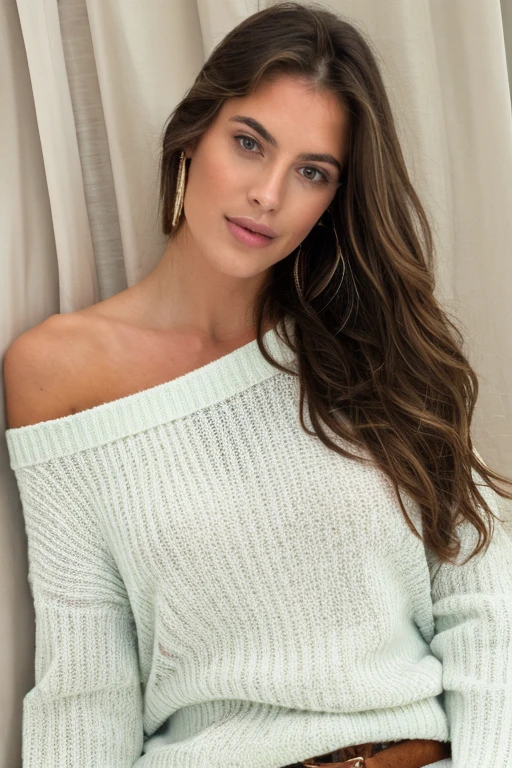 1 girl in, 19 years, only, wide, colossal , look at the viewer, by rubio, Brown eyes, jewelry, whole body, collar, off the shoulders, Sweaters, realistic, journey ,Capture this image with high resolution photography using a 100mm lens for a flattering perspective.. photo taken from the side or in profile The girl&#39;s tits can be seen because she is naked and very excited. She has very hard nipples